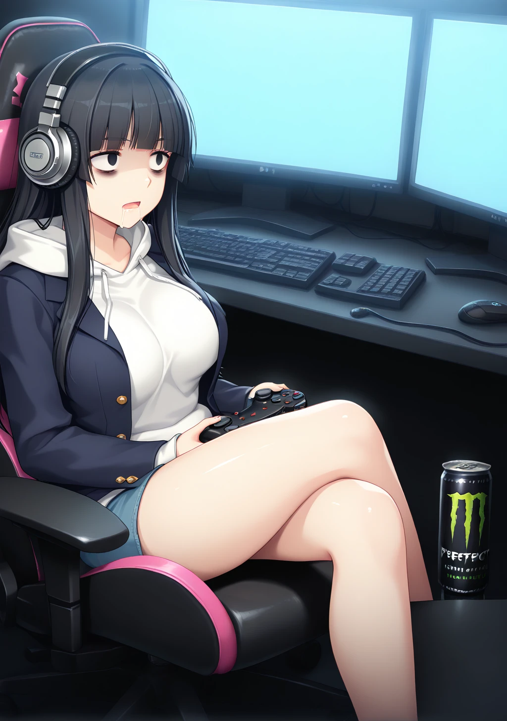 masterpiece, best quality, absurdres, perfect lighting,shiny skin,<lora:StS-Illustrious-Detail-Slider-v1.0:3>,<lora:illustrious_noobai_epsilon_pred_1_best_quality_v1:1>,1girl,large breasts,shizuku, black hair, long hair,blazer ,blunt bangs,black eyes,<lora:shizuku:0.9>,hoodie,casual,depth of field,sitting, crossed legs, gaming chair, computer,desk,dirtyroom,dimlight,playing games, headphones,monster energy, bags under eyes,0utc0ld,unconscious, empty eyes, wide-eyed, looking away, saliva, drooling, drool, <lora:Unconscious_with_eyes_open:1>