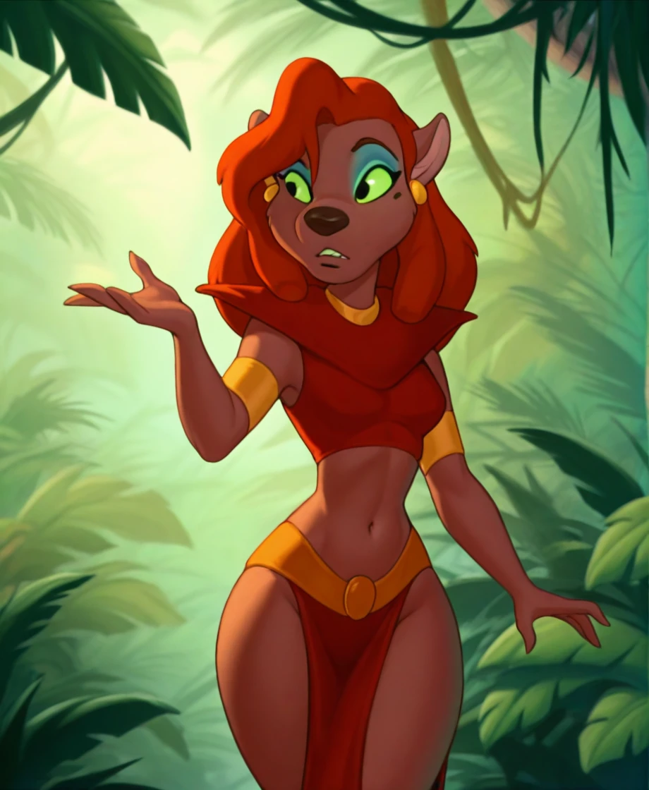 masterpiece, highly detailed, solo, mirage, red clothes, uraeus, roxannerover, red hair, ear piercing, beauty mark, <lora:RoxanneXL_010-Illus-nd32-na64-lr2-ep15:1>, eyeshadow, green sclera, jungle, by chunie, <lora:MirageXL_03-Illus-nd32-na32-lr2-ep11:1>