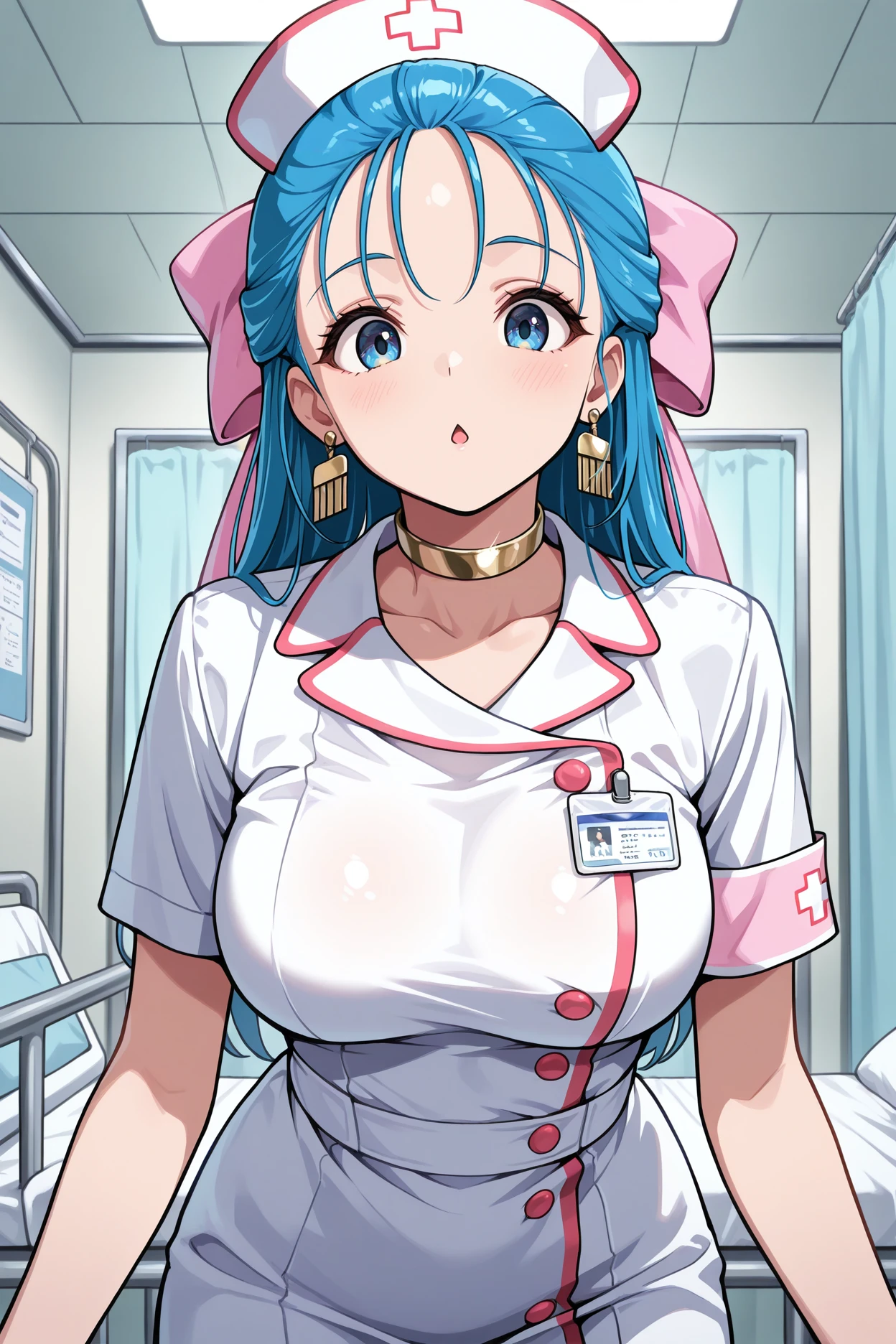 masterpiece, best quality, 1 girl, 独奏, large breasts, bangs, braids hair, standing、hospital、nurse、30th Generation
