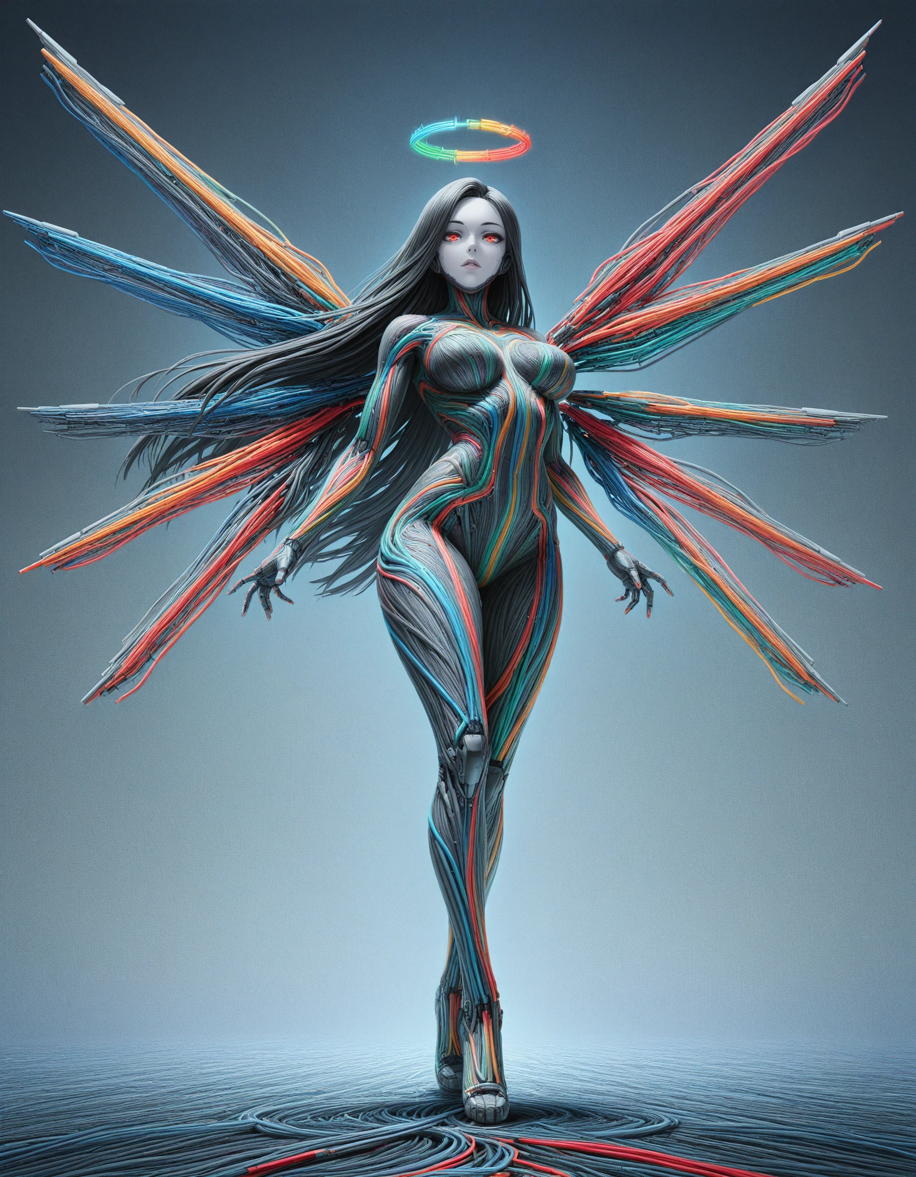 <lora:Cables_IL:0.7> mad-cable, AI goddess, neon halo, cyber wings, floating in cyberspace, wireframe background, godly presence, dynamic pose,, (masterpiece:1.2), best quality