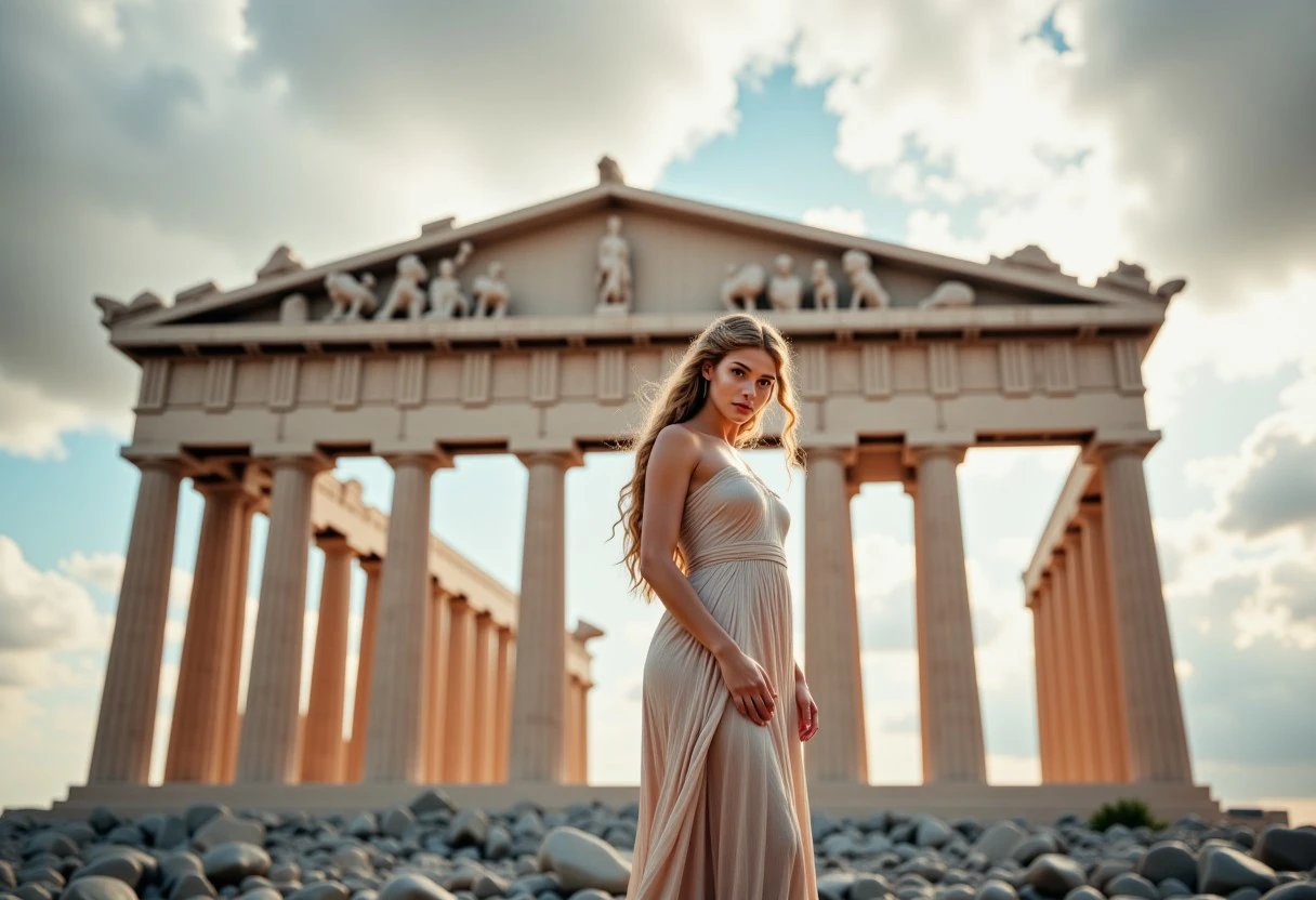 the most realistic, photorealistic photo ever taken [(greek goddess athena:1.5) standing in front of (THE PARTHENON:1.5) in the clouds, , a dream world shifting landscapes, and mythological creatures, Captured with a Hasselblad X2D 100C and an 80mm f/1.9 lens, hyper-realistic textures, soft studio lighting, elegant shadows, styled for a Vogue beauty editorial, incredible realism, creamy bokeh, ultra-detailed textures, perfect lighting], aidmaimageupgrader