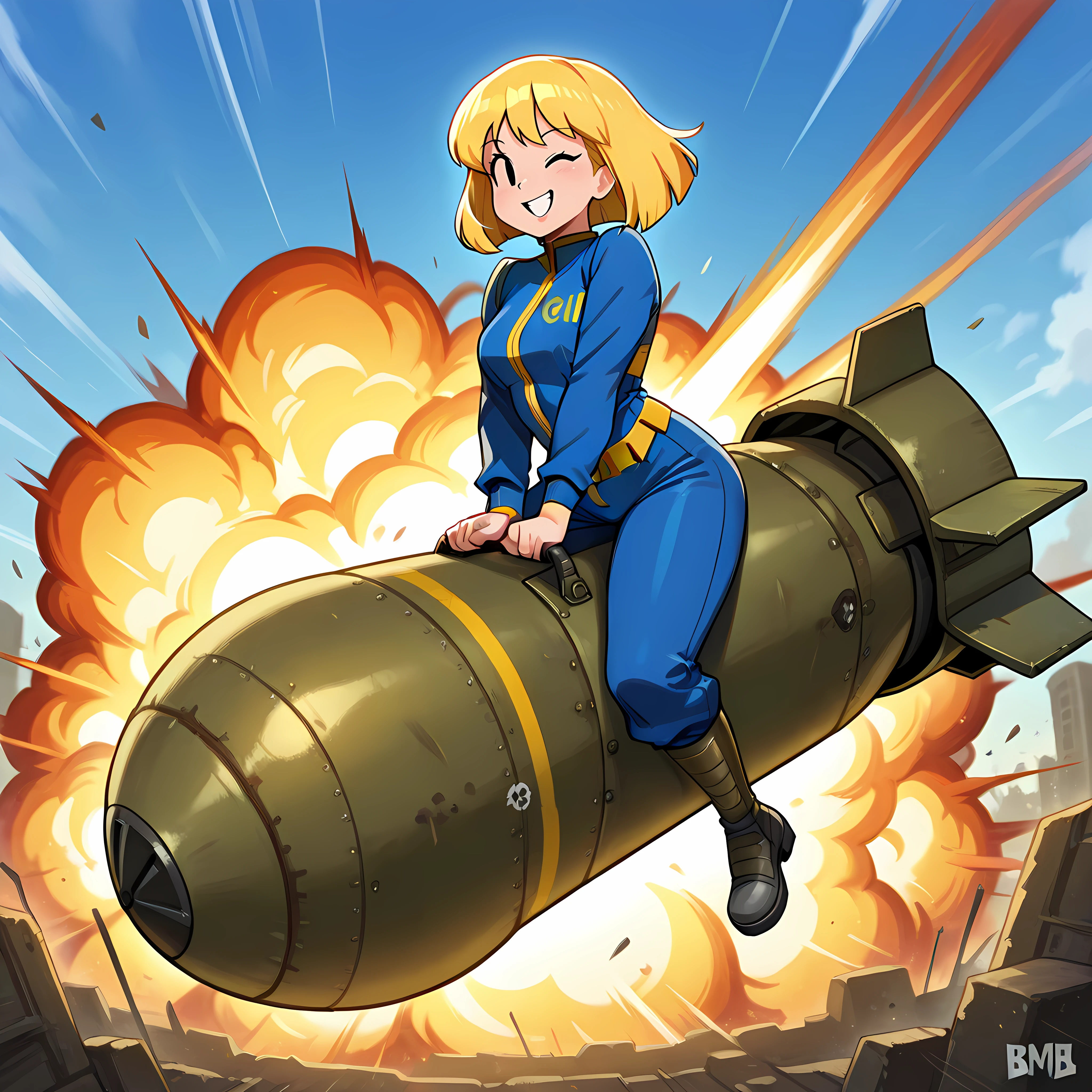 Masterpiece, newest, perfect quality, best quality, 1girl, solo, b0mb, riding bomb, nuclear bomb,smile, wink, vault girl, fallout franchise, short blonde hair, blue jumpsuit, explosion, blue sky