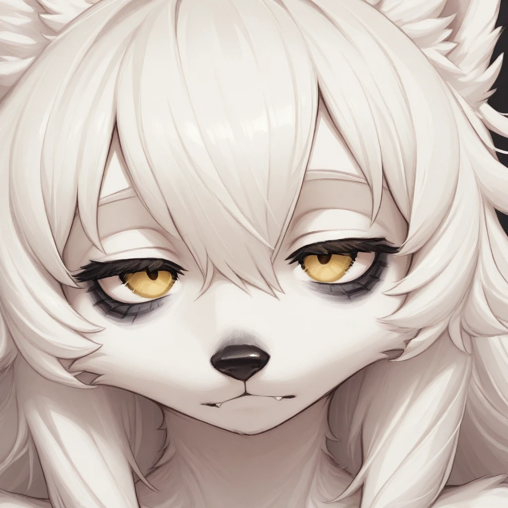 Beach at night, Female Snow Leopard standing in the center, (long white hair, bangs over one eye:1.2), eerie fluorescent lights flickering overhead, (snow leopard's sleek fur with black spots), (intense blue eyes glinting with madness), ((unruly, disheveled hair:1.2)), ((bloodstains on her paws and gown):0.8), (wild look in her eyes, (red bikini) (wide, dilated pupils)), (animal black nose), horrified, small pupils, constricted pupils BREAK
(hardline, outline), furry anime kemono, (lineart:0.6), (flat shading, flat colors:1.1), (vibrant colors:1.1), [by dagasi|ancesra:1.4]