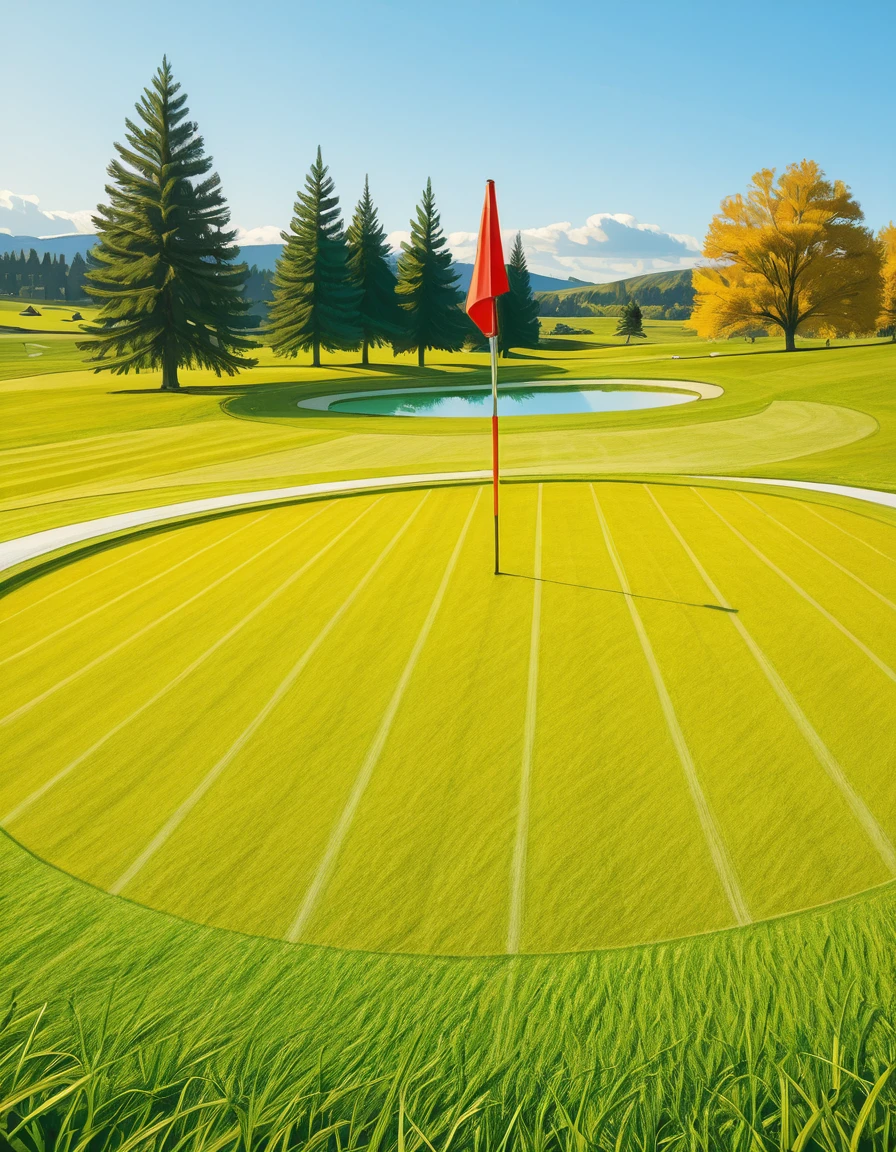 A beautifully maintained golf green in the golden light of late afternoon. The smooth, vibrant green grass is perfectly trimmed, with subtle undulations adding depth to the putting surface. A bright red flag flutters gently atop a sleek white pin, marking the hole at the center of the green. Surrounding the green, a soft fringe of slightly longer grass transitions into the rolling fairway, which stretches toward the horizon. In the background, tall pine trees cast long shadows, and a tranquil water hazard reflects the warm hues of the sky. The atmosphere is calm and inviting, capturing the essence of a perfect golfing moment.
<lora:SDXLFaeTastic2400:0.4> <lora:extremely_detailed:0.4> extremely detailed, <lora:golf_c0urs3-ill:1>,golf c0urs3, Masterpiece,best quality,hi res,8k,hi res,8k,award winning,(sharp focus, intricate, highly detailed),