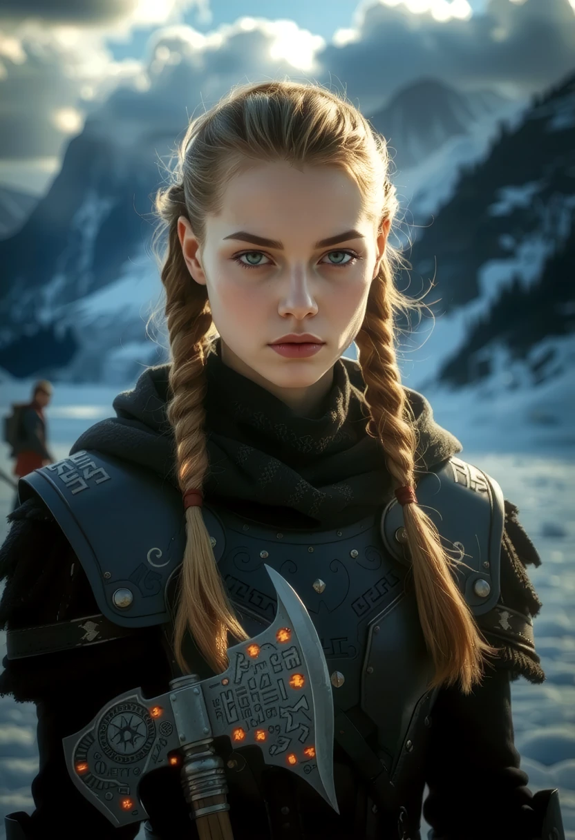 A captivating image emerges, focusing on a viking_punk warrior-princess with her presence commanding attention in the icy wasteland. Her futuristic viking armor based on traditional viking armor, a seamless fusion of technology and her athletic form, slim-athletic form highlights her strength and agility. The warrior's twin braids with shaved sides, frames her determined expression, while her piercing eyes bore into the viewer. Ancient runes are etched into her battleaxe and armor, crackling with mystical glowing energy. The frozen landscape, a testament to her people's resilience, stretches into the distance, where dark, ominous clouds partially veil the rugged mountainous pass, filling the air with crispness and the promise of lightning. This artwork, with its Nordic and Viking-inspired elements, captures the essence of a powerful futuristic figure, seamlessly blending ancient traditions with futuristic innovations. .  <lora:Sinfully_Stylish_1.0_Flux:0.8> sinfully stylish, dramatic light, soft light, long shadows <lora:fantasy_portrait_by_cosmic:0.8>âââ