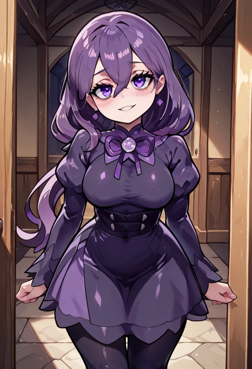 masterpiece, best quality, absurdres, medium breasts, (curvy), cute, eyelashes, vivid colors, zzHexyZA, purple eyes, bags under eyes, hair between eyes, long hair, purple hair, long sleeves, bow, jewelry, black dress, purple dress, black pantyhose, juliet sleeves, purple bow, purple bowtie, smile, looking at viewer, ,,, smile, looking at viewer, leaning forward, head tilt, blush, <lora:CatalystIXL:0.7>, <lora:ZankuroIXLLight_v2:0.6>, <lora:HexManiacPokemonZA_IXL:1.0>,