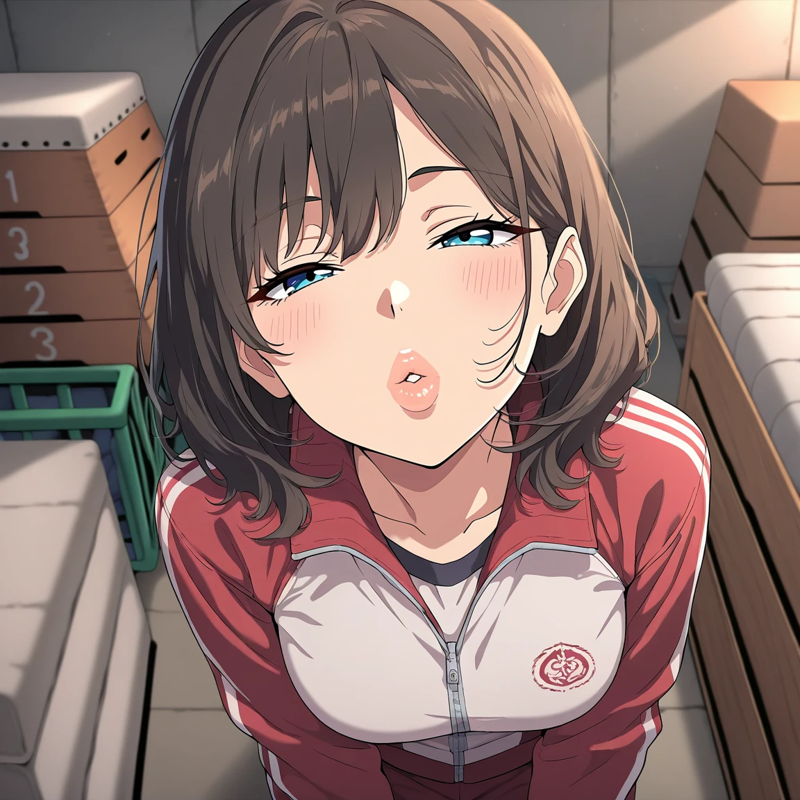 1girl, solo, general, pov, incoming kiss, looking at viewer, track jacket, puckered lips, thick lips, parted lips, half-closed eyes, medium hair, lips, medium breasts, gym storeroom, masterpiece, highres, absurdres, very aesthetic, newest, best quality, good quality