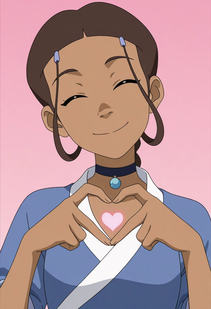 <lora:Katara_Illustrious_X:1>
1girl, dark skin, dark-skinned female, brown hair, choker, jewelry, hair ornament, katara, braid,
blue robe, upper body,
head tilt, smile, closed mouth, closed eyes,
own hands together, heart hands, finger heart,
upper body, simple background,
masterpiece, absurdres, anime screencap,