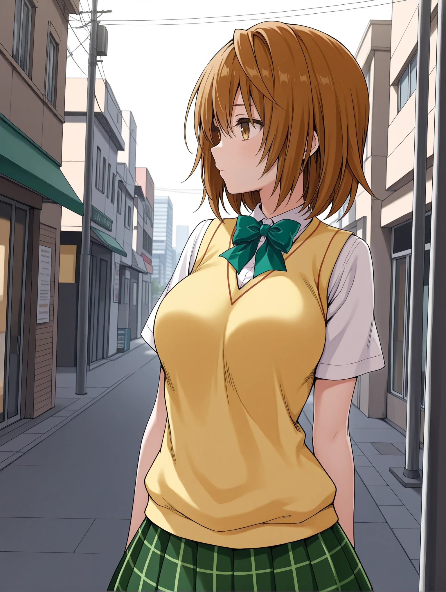 masterpiece,best quality,front view,newest,1girl,solo,
<lora:y_riko_ilxl_v1.1:1>,riko,r_clothes,green bowtie,short sleeve blouse,sweater vest,yellow vest,green plaid skirt,
<lora:Fixhands_anime_bdsqlsz_V1:1>,city,expressionless,looking_away,voyeur,profile,