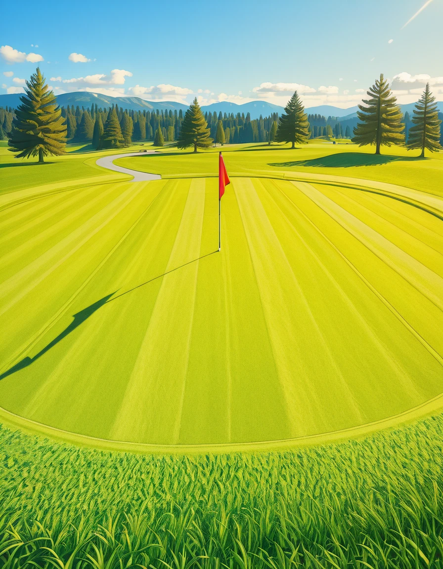 A beautifully maintained golf green in the golden light of late afternoon. The smooth, vibrant green grass is perfectly trimmed, with subtle undulations adding depth to the putting surface. A bright red flag flutters gently atop a sleek white pin, marking the hole at the center of the green. Surrounding the green, a soft fringe of slightly longer grass transitions into the rolling fairway, which stretches toward the horizon. In the background, tall pine trees cast long shadows, and a tranquil water hazard reflects the warm hues of the sky. The atmosphere is calm and inviting, capturing the essence of a perfect golfing moment.
<lora:SDXLFaeTastic2400:0.4> <lora:extremely_detailed:0.4> extremely detailed, <lora:golf_c0urs3-ill:1>,golf c0urs3, Masterpiece,best quality,hi res,8k,hi res,8k,award winning,(sharp focus, intricate, highly detailed),