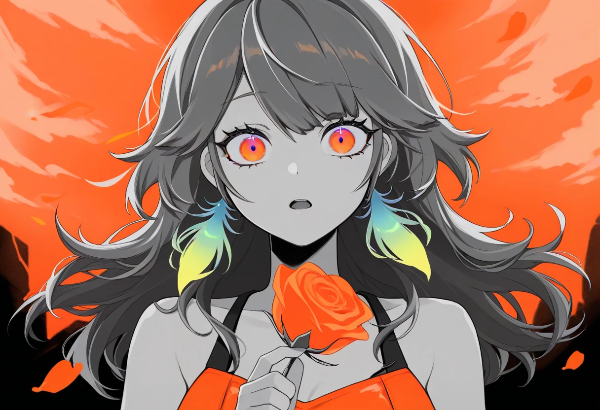 queenvocaloid, limited palette, 1girl, takanashi kiara, orange eyes, blue eyes, two-tone eyes, wide-eyed, eyelashes, upper body, open mouth, sky, wind, looking at viewer, holding, holding flower, flower, rose, petals, orange background, orange theme,