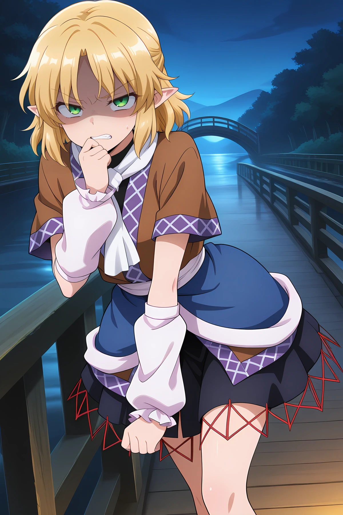 absurdres, highres, masterpiece, best quality, amazing quality, official anime artwork, screencap, anime screencap, outdoors, looking at viewer, dynamic pose,
<lora:Parsee-Mizuhashi_Illustrious:1> mizuhashi parsee, 1girl, solo, green eyes, blonde hair, short hair, pointy ears,, brown shirt, short sleeves, white scarf, blue skirt, white arm warmers, jealous, hand in mouth, teeth, disgust, shaded face, night, bridge,