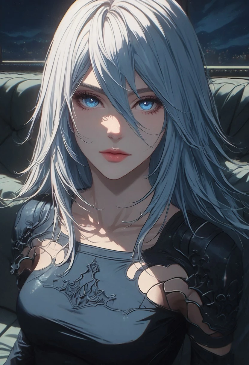 source_anime, bboil artist style, digital art, female portrait, semi-realistic, GLSHS, high-resolution, EyesHD,
1girl, A2, \(nier:automata\)/,(ultra HD quality details), blue eyes, large blue eyes, white hair, straight hair, long hair, pale skin, beautiful face, cute, android, joints, one eye covered by hair, eyeliner, gorgeous lips, tights, medium breasts
cinematic, (masterpiece), (best quality), (ultra-detailed), very aesthetic, illustration, detailed eyes, perfect eyes, detailed face, (beautiful detailed face, beautiful detailed eyes) ,extreme details eyes
indoors, sitting on couch, living room, night, closed mouth, from above