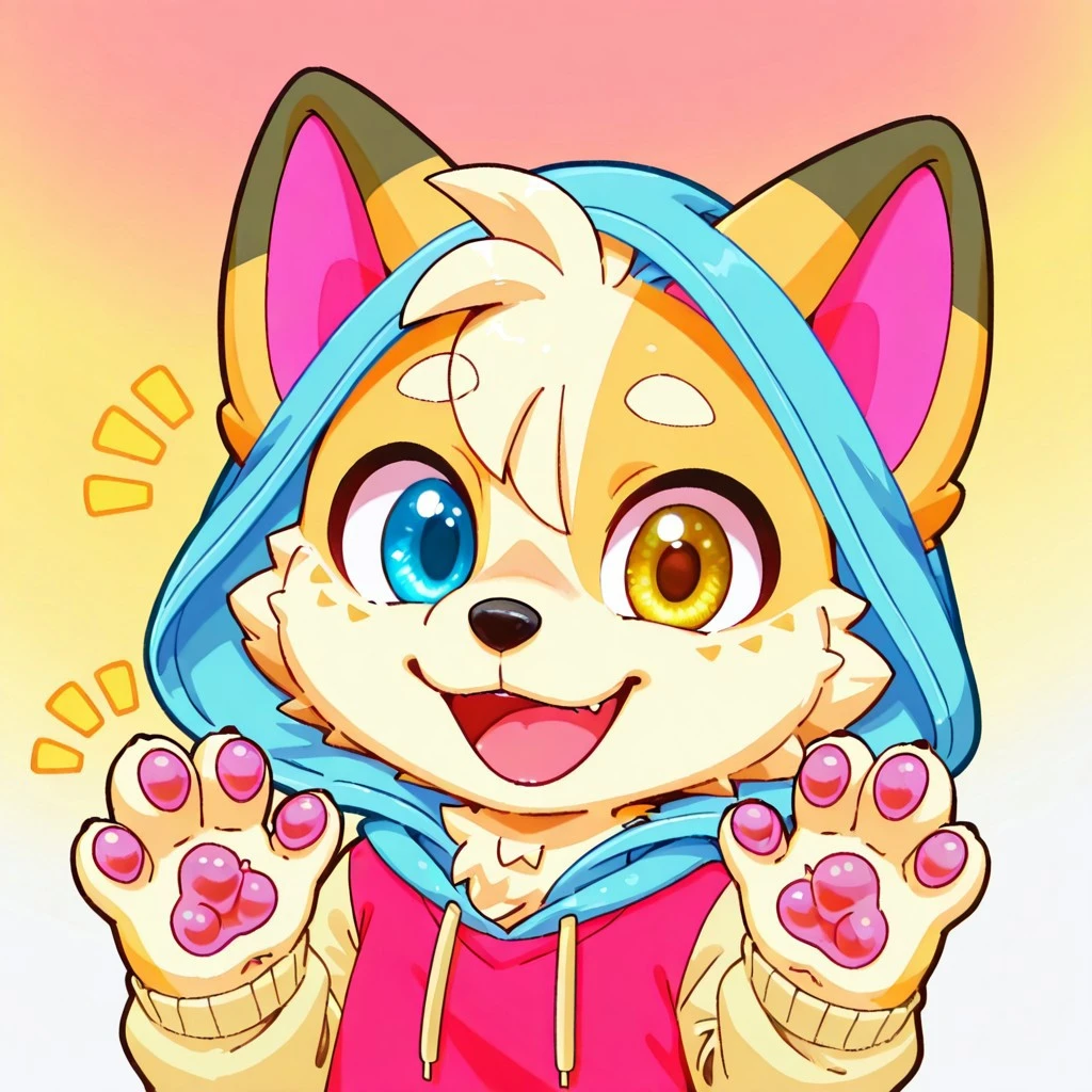 c0rgi, solo, 1boy, chibi, short, furry, heterochromia, pink pawpads, hoodie, light red shirt, blue hood, tan sleeves,
gradient background,
upper body, portrait, smile, winking, cute, waving, hello, excited, 4 fingers