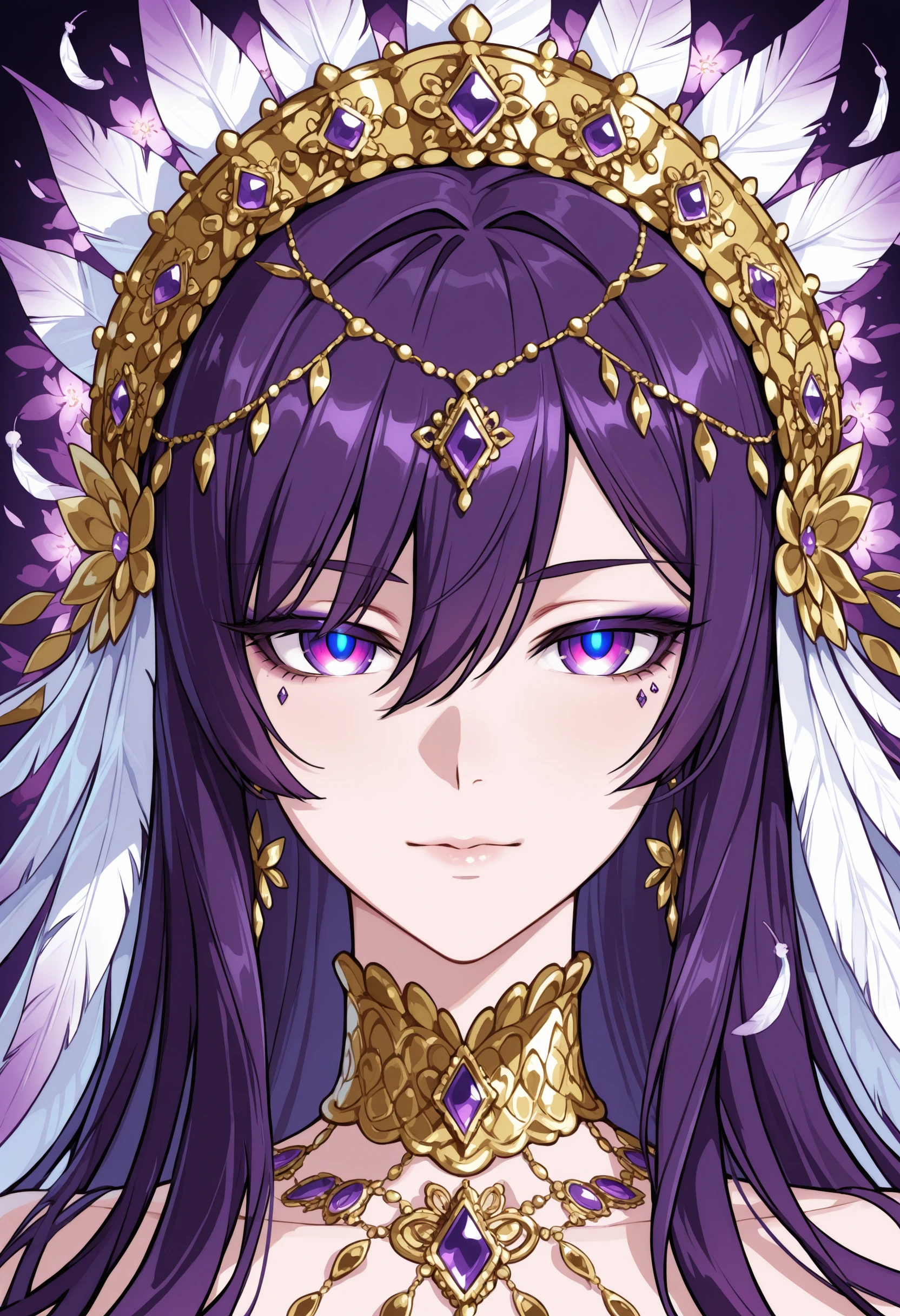 A mesmerizing digital portrait of a charismatic woman with piercing violet eyes, adorned in an ornate headdress, surrounded by vibrant blossoms and delicate feathers, face focus