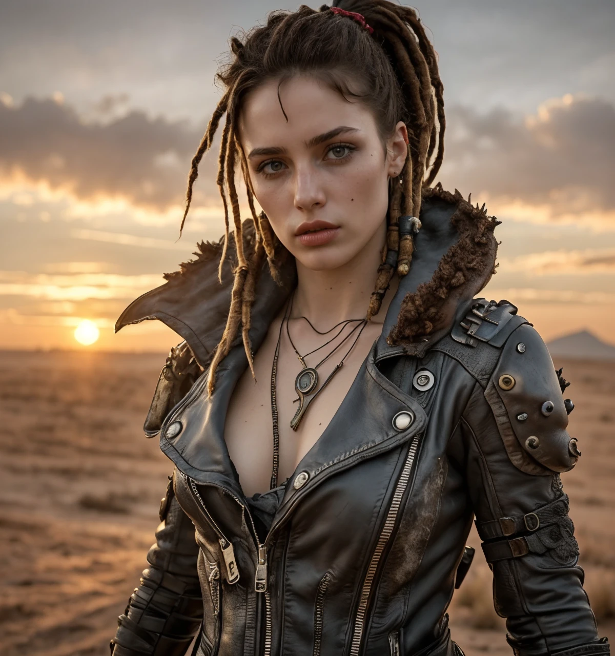 RAW photo, (masterpiece:1.3), subsurface scattering, heavy shadow, (high quality:1.4), (intricate, high detail:1.2), professional photography, HDR, High Dynamic Range, realistic, ultra realistic, photorealistic, high resolution, film photography, ambient lighting, atmospheric effects, <lora:detail_slider_v4:2>, OverallDetail, <lora:WastelandArmor:0.75>, 1girl, arm tattoo, coat, dark-skinned female, dreadlocks, leather, lips, necklace, ponytail, science fiction, solo, standing, wasar, style of Mad Max, style of Fallout, epiCPhoto