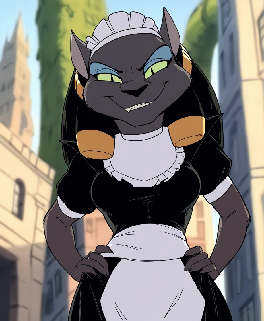 masterpiece, highly detailed, solo, mirage, maid uniform, uraeus, female, eyeshadow, green sclera, smirk, looking at viewer, city skyline, day, by jindragowolf, <lora:MirageXL_03-Noob-nd32-na32-lr2-ep17:1>