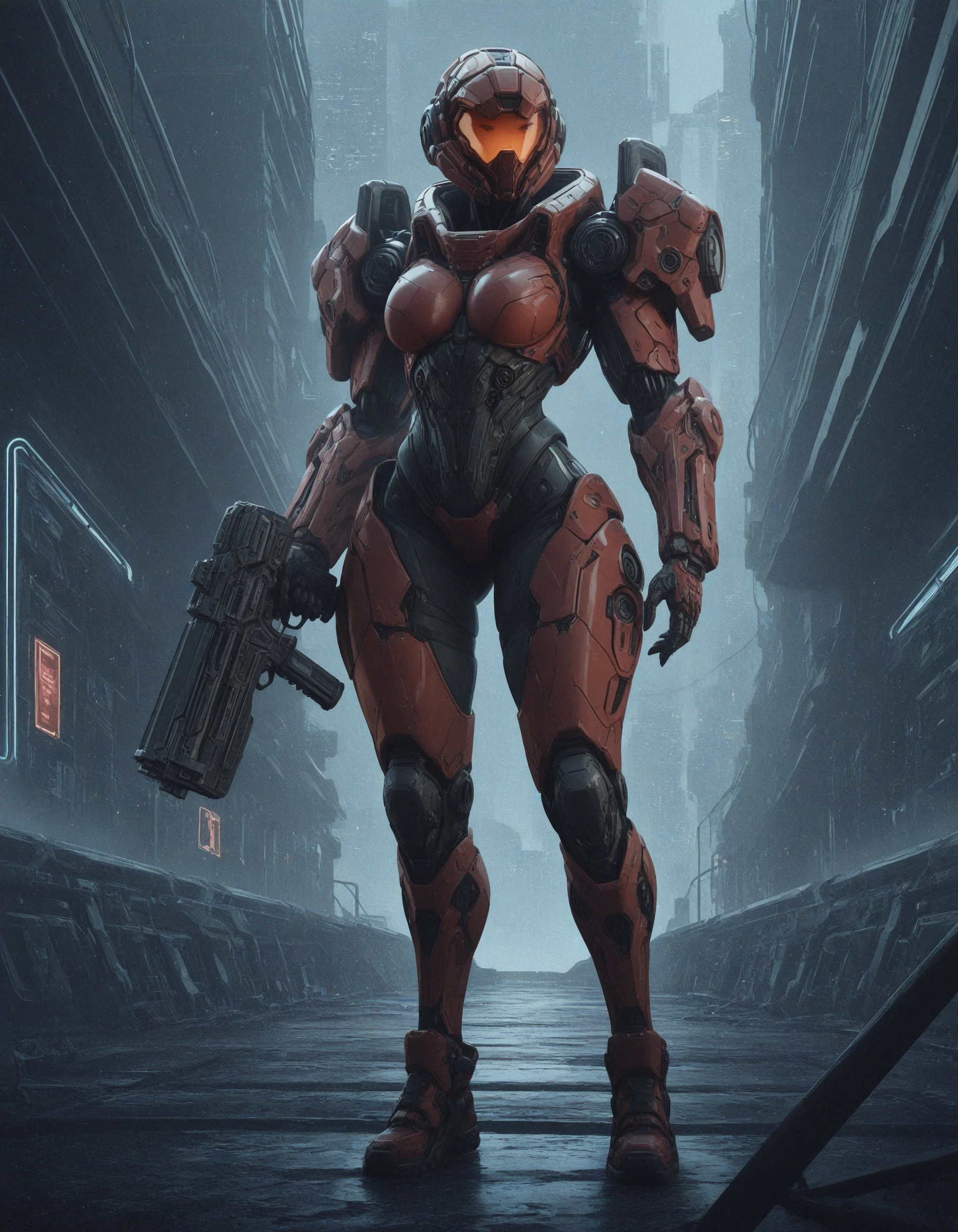 <lora:Heavy_Combat_Armor_IL:0.9> woman standing holding gun, cyberpunk, red heavy bodyarmor, orange visor, mad-hvybdyarmr, cinematic shot, (masterpiece:1.2), best quality