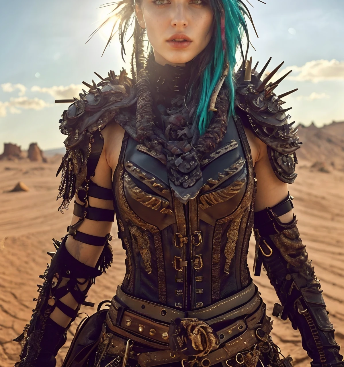 RAW photo, (masterpiece:1.3), subsurface scattering, heavy shadow, (high quality:1.4), (intricate, high detail:1.2), professional photography, HDR, High Dynamic Range, realistic, ultra realistic, photorealistic, high resolution, film photography, ambient lighting, atmospheric effects, <lora:detail_slider_v4:2>, OverallDetail, <lora:WastelandArmor:1>, a female raider in the desert Wasteland, mohawk, ammunition belts, bracers, leather pants, shoulder armor with spikes, corset, metal breastplate, <lora:Wasteland:0.6>, wasar, epiCPhoto