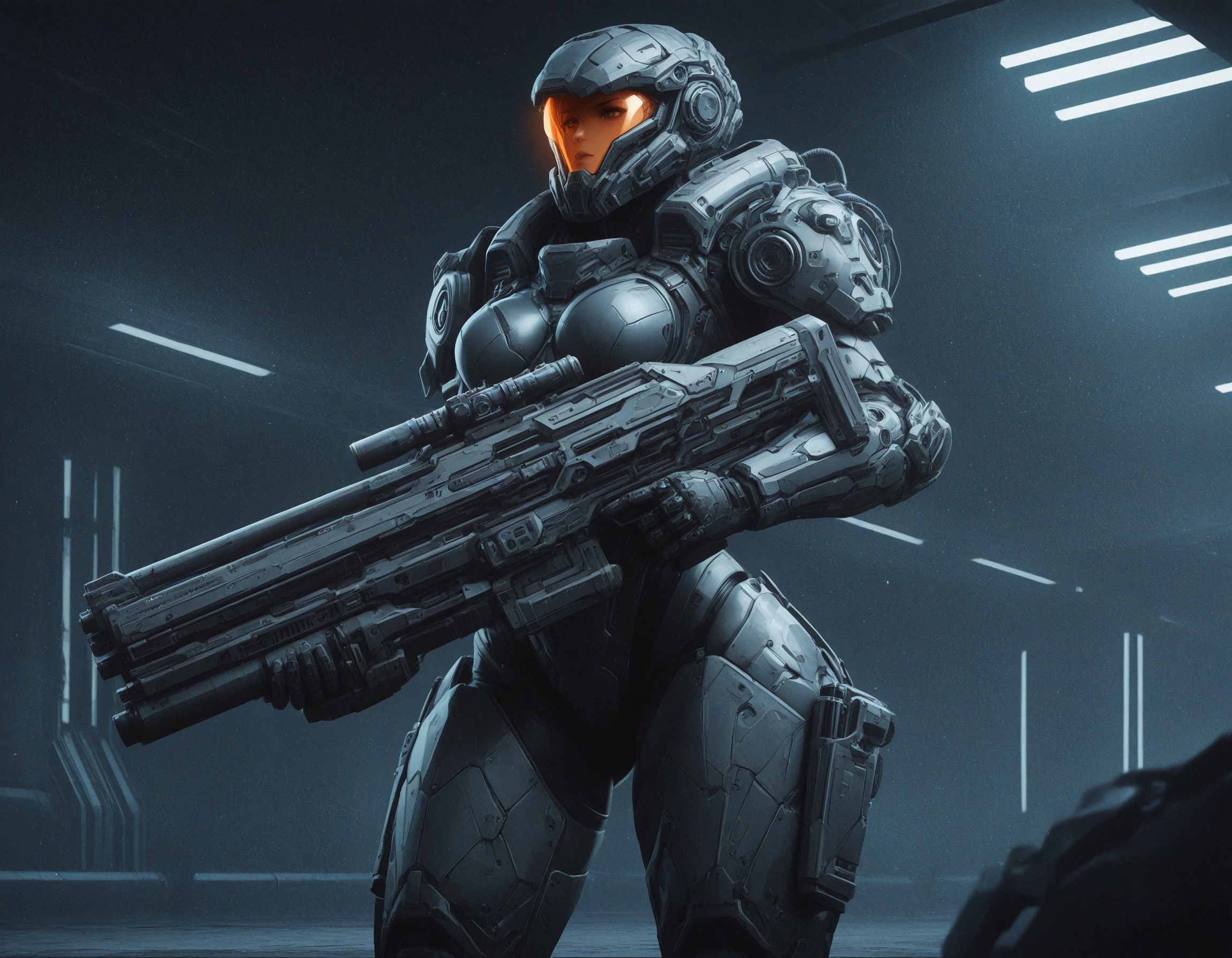 <lora:Heavy_Combat_Armor_IL:0.9> woman standing in front of tank holding gun, cyberpunk, heavy bodyarmor, helmet, orange visor, mad-hvybdyarmr, cinematic shot, (masterpiece:1.2), best quality