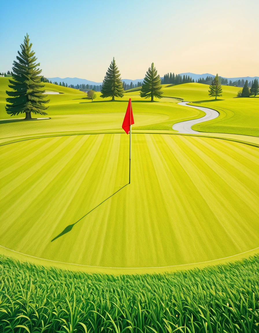 A beautifully maintained golf green in the golden light of late afternoon. The smooth, vibrant green grass is perfectly trimmed, with subtle undulations adding depth to the putting surface. A bright red flag flutters gently atop a sleek white pin, marking the hole at the center of the green. Surrounding the green, a soft fringe of slightly longer grass transitions into the rolling fairway, which stretches toward the horizon. In the background, tall pine trees cast long shadows, and a tranquil water hazard reflects the warm hues of the sky. The atmosphere is calm and inviting, capturing the essence of a perfect golfing moment.
<lora:SDXLFaeTastic2400:0.4> <lora:extremely_detailed:0.4> extremely detailed, <lora:golf_c0urs3-ill:1>,golf c0urs3, Masterpiece,best quality,hi res,8k,hi res,8k,award winning,(sharp focus, intricate, highly detailed),