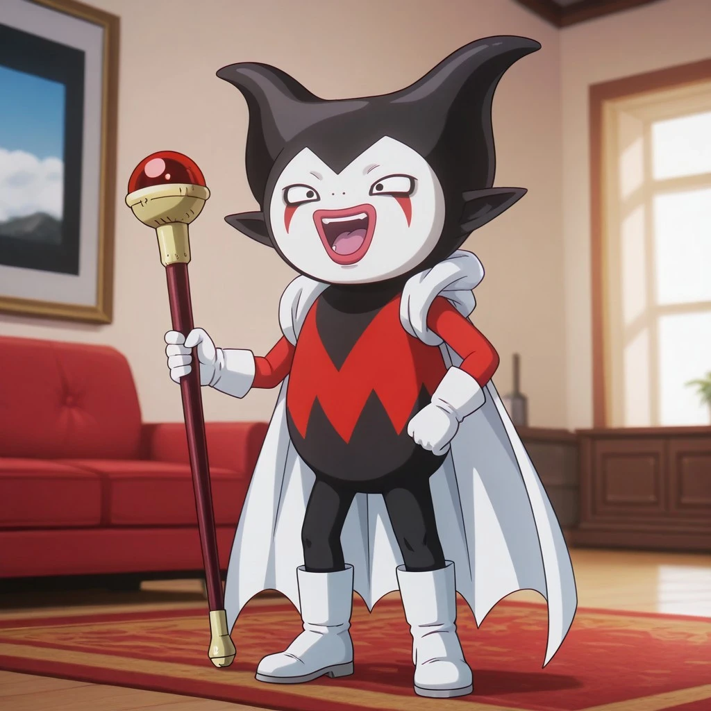best quality, amazing quality, very aesthetic, absurdres, newest, gomah, male, solo, black skin, white face, two-tone skin, red underlines, black eyeliner, nostrils, horns, pointy ears, red lips, short, red and black bodysuit, white gloves, white boots, white cape, staff, standing, happy, open mouth, indoors, living room