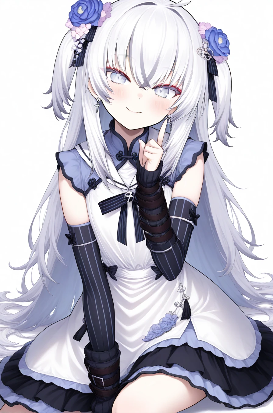 1girl,solo,simple background,azuma seren,white background,sitting,smile,looking at viewer,<lora:xuelian-000018:1>,, masterpiece, best quality, very aesthetic, absurdres,newest, incredibly absurdres,