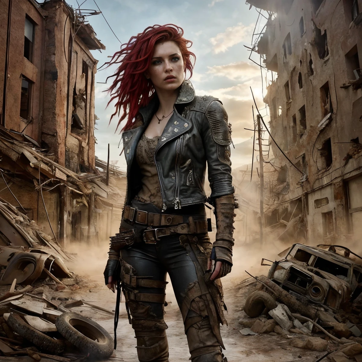 RAW photo, (masterpiece:1.3), subsurface scattering, heavy shadow, (high quality:1.4), (intricate, high detail:1.2), professional photography, HDR, High Dynamic Range, realistic, ultra realistic, photorealistic, high resolution, film photography, ambient lighting, atmospheric effects, <lora:detail_slider_v4:2>, OverallDetail, <lora:WastelandArmor-10:0.75>, a beautiful woman, wild red hair, dark makeup, as a female Wasteland survivor, long leather coat, boots, leather pants, belt, exploring the ruins of a destroyed city, <lora:Wasteland:0.66>, wasar, style of Mad Max, style of Fallout, epiCPhoto