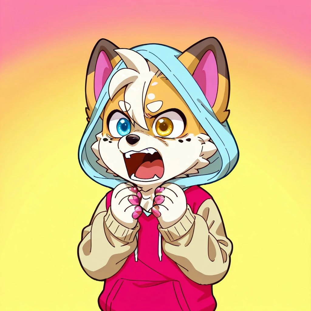 c0rgi, solo, 1boy, chibi, short, furry, heterochromia, pink pawpads, hoodie, light red shirt, tan sleeves,
gradient background,
upper body, cute, hands down, upset, mad, shouting