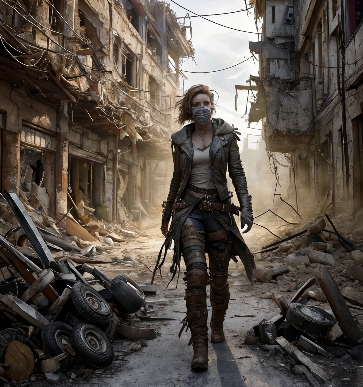 RAW photo, (masterpiece:1.3), subsurface scattering, heavy shadow, (high quality:1.4), (intricate, high detail:1.2), professional photography, HDR, High Dynamic Range, realistic, ultra realistic, photorealistic, high resolution, film photography, ambient lighting, atmospheric effects, <lora:detail_slider_v4:2>, OverallDetail, <lora:WastelandArmor:0.75>, 1girl, wild hair, dark makeup, as a female Wasteland survivor, mask, hood, long leather coat, boots, leather pants, belt, cowboy shot, exploring the ruins of a destroyed city, <lora:Wasteland:0.66>, wasar, style of Mad Max, style of Fallout, epiCPhoto