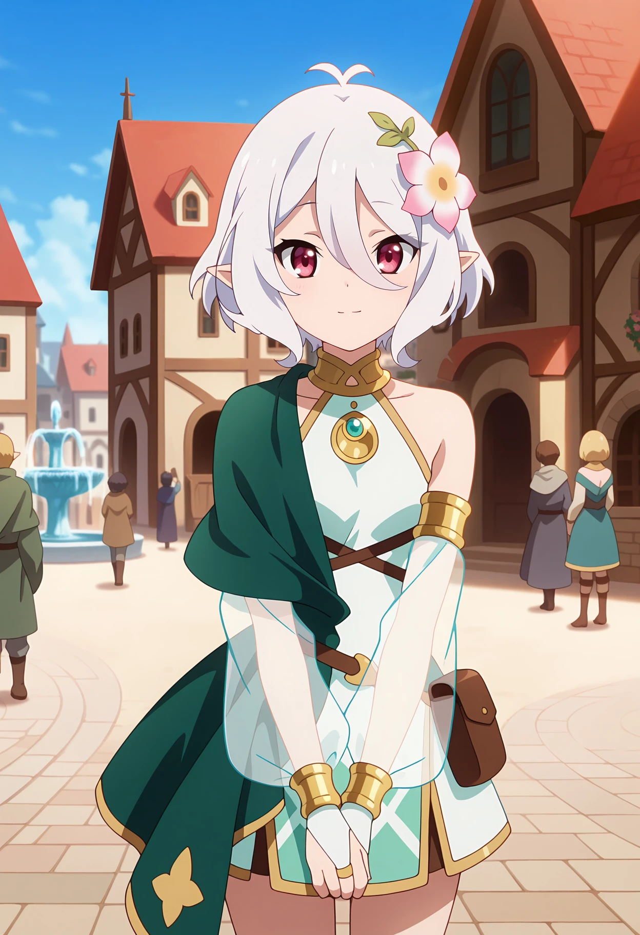 anime screencap, masterpiece, best quality,
<lora:PrincessConnect_Kokkoro_IlluXL:0.9>,
1girl, solo, closed mouth, light smile,
short hair, hair between eyes, antenna hair, white hair, magenta eyes, pointy ears, hair flower,
KokkoroDress, sleeveless dress, armlet, gold trim, asymmetrical clothes, green cape, strap, bridal gauntlets, see-through sleeves, belt pouch,
v arms, standing, looking at viewer, cowboy shot,
town, medieval, building, fountain, blurry background, people, day, blue sky