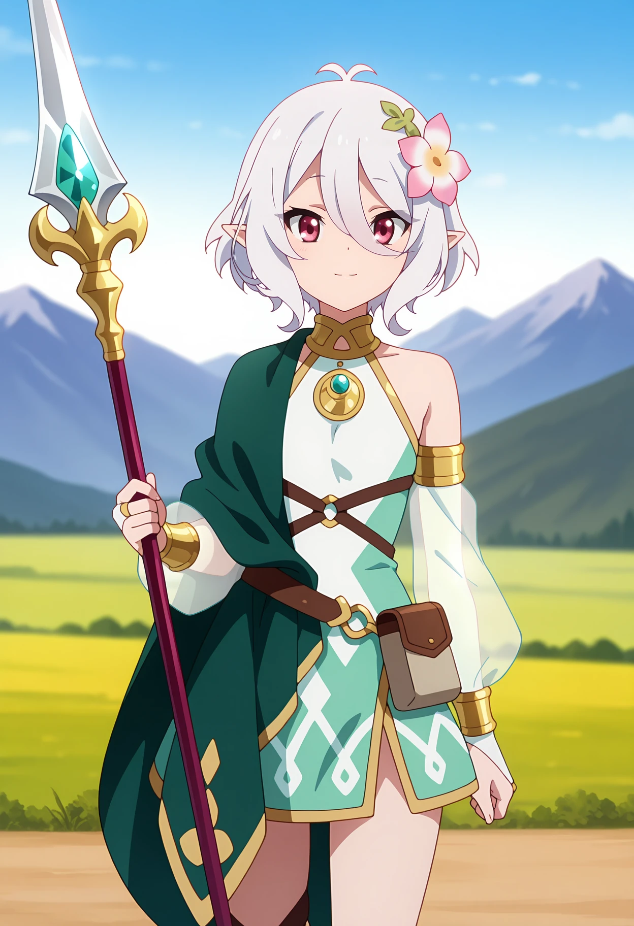 anime screencap, masterpiece, best quality,
<lora:PrincessConnect_Kokkoro_IlluXL:0.9>,
1girl, solo, closed mouth, light smile,
short hair, hair between eyes, antenna hair, white hair, magenta eyes, pointy ears, hair flower,
KokkoroDress, sleeveless dress, armlet, gold trim, asymmetrical clothes, green cape, strap, bridal gauntlets, see-through sleeves, belt pouch,
holding spear,
standing, looking at viewer, cowboy shot,
blurry background, mountainous background, scenery, day, blue sky