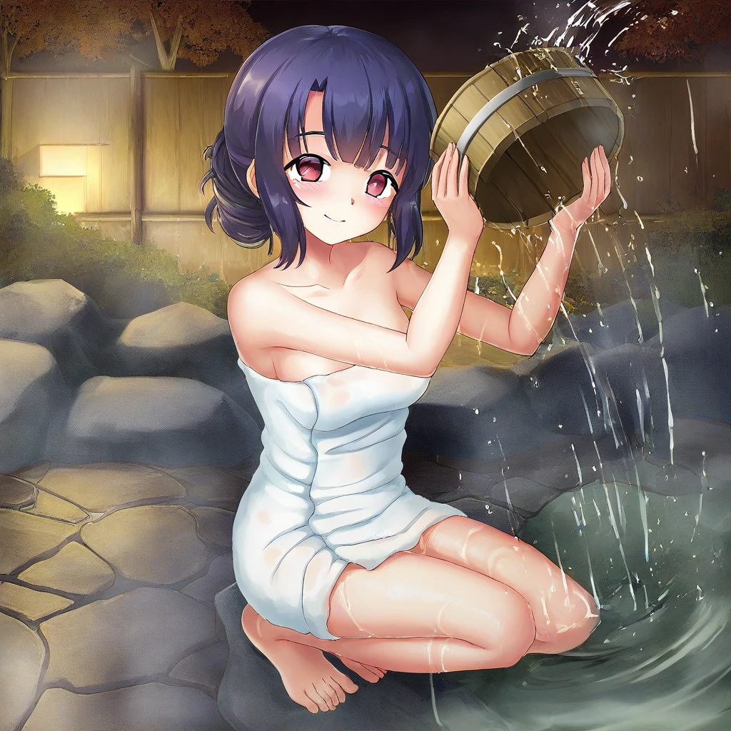 onsen,holding bucket,wooden bucket,  pouring onto self