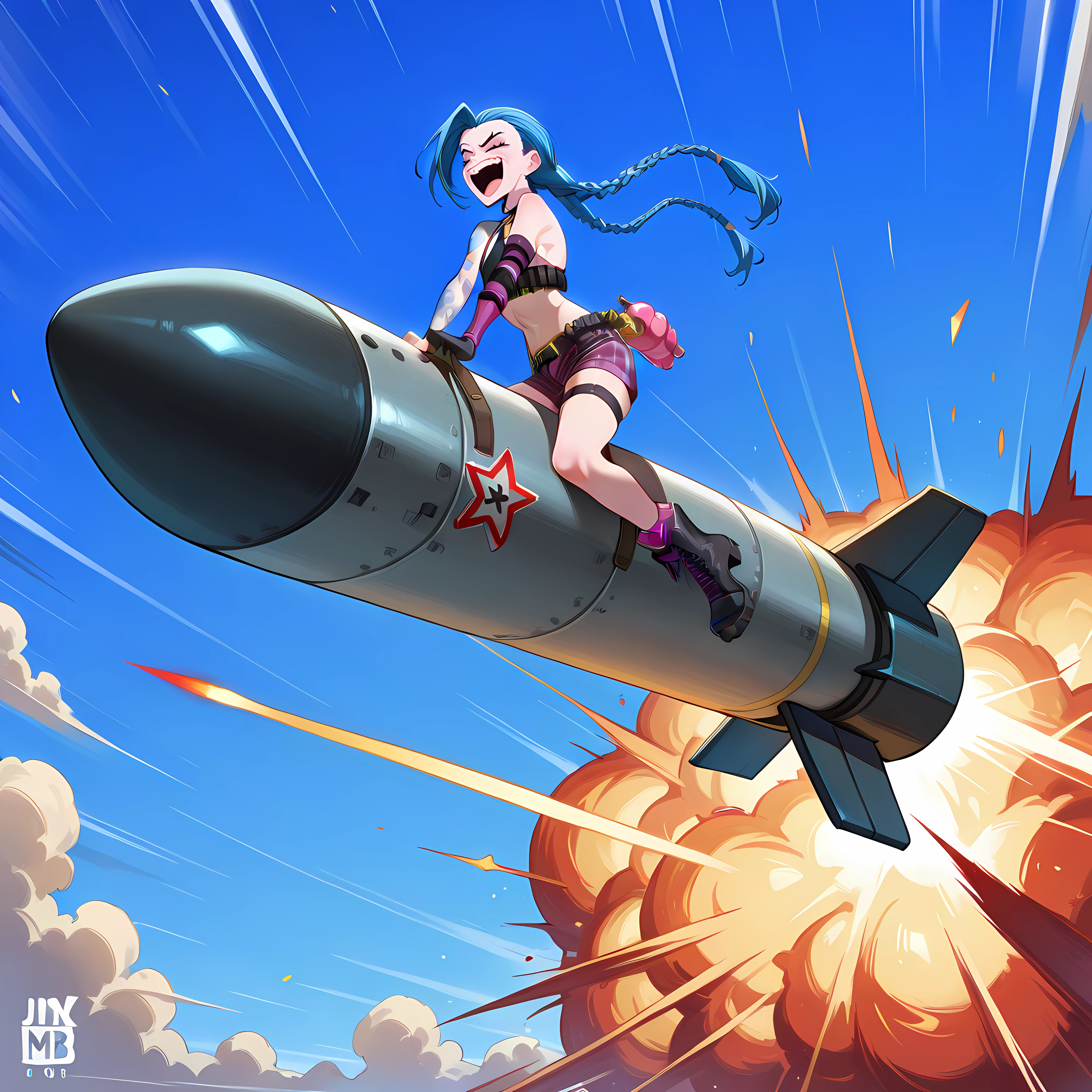 Masterpiece, newest, perfect quality, best quality, 1girl, solo, b0mb, riding bomb, missile,laughing, manic, jinx LoL, explosion, blue sky