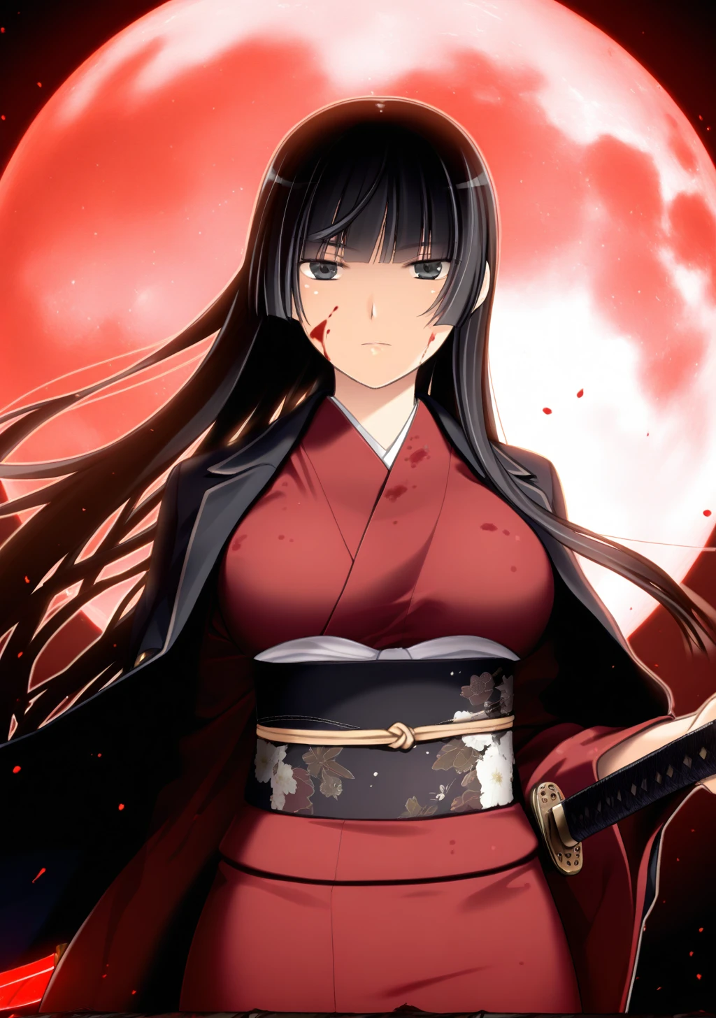 masterpiece, best quality, absurdres, perfect lighting,shiny skin,<lora:StS-Illustrious-Detail-Slider-v1.0:3>,<lora:illustrious_noobai_epsilon_pred_1_best_quality_v1:1>,1girl,large breasts,shizuku, black hair, long hair,blazer ,blunt bangs,black eyes,<lora:shizuku:1>, red kimono,obi, blood on face, blood on clothes, blood splatter, holding sword, katana,glowing eyes, glowing weapon,looking at viewer, bamboo, moon,red moon,cowboy shot, expressionless,