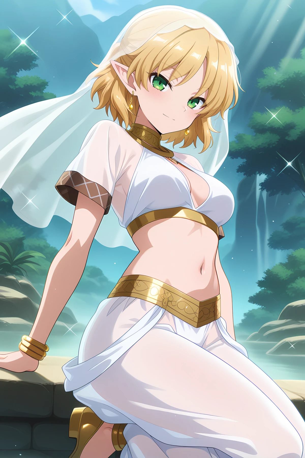 absurdres, highres, masterpiece, best quality, amazing quality, official anime artwork, screencap, anime screencap, outdoors, light smile, looking at viewer, dynamic pose,
<lora:Parsee-Mizuhashi_Illustrious:1> mizuhashi parsee, 1girl, solo, green eyes, blonde hair, short hair, pointy ears,, alternate costume, gold bracelet, breasts, clothing cutout, golden earrings, harem outfit, harem pants, golden jewelry, midriff, multiple bracelets, navel, white pants, pointy shoes, see-through clothes, see-through veil, short sleeves, solo, sparkle, white veil, gold waist scarf,