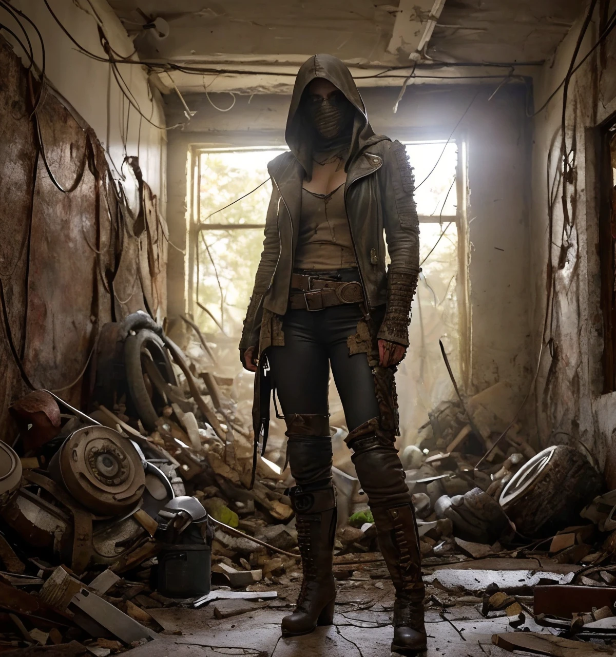 RAW photo, (masterpiece:1.3), subsurface scattering, heavy shadow, (high quality:1.4), (intricate, high detail:1.2), professional photography, HDR, High Dynamic Range, realistic, ultra realistic, photorealistic, high resolution, film photography, ambient lighting, atmospheric effects, <lora:detail_slider_v4:2>, OverallDetail, <lora:WastelandArmor:0.75>, a beautiful woman, wild red hair, dark makeup, as a female Wasteland survivor, mask, hood, long leather coat, boots, leather pants, belt, exploring the ruins of a destroyed city, <lora:Wasteland:0.66>, wasar, style of Mad Max, style of Fallout, epiCPhoto