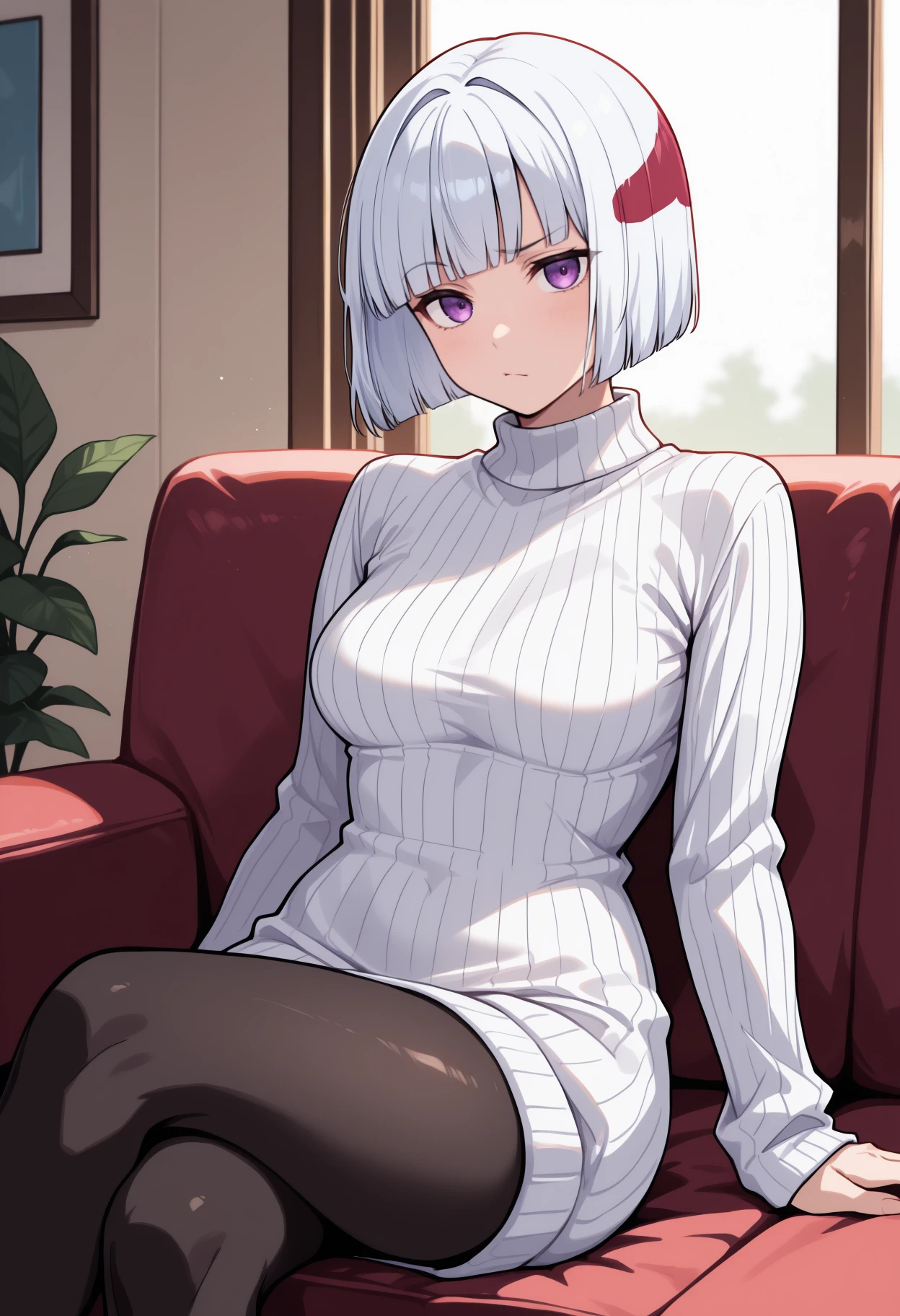 (Highest quality:1.1), (masterpiece:1.4), (Absurd:1.0), 
One Girl, Todoroki Fuyumi、White Hair、Medium-long hair、ponytail、Glasses、Medium chest、Looking at the audience、Bedroom、(blush:1.2)、Embarrassed expression、((pantyhose))、((Knitted dress))、((Kneeling))、