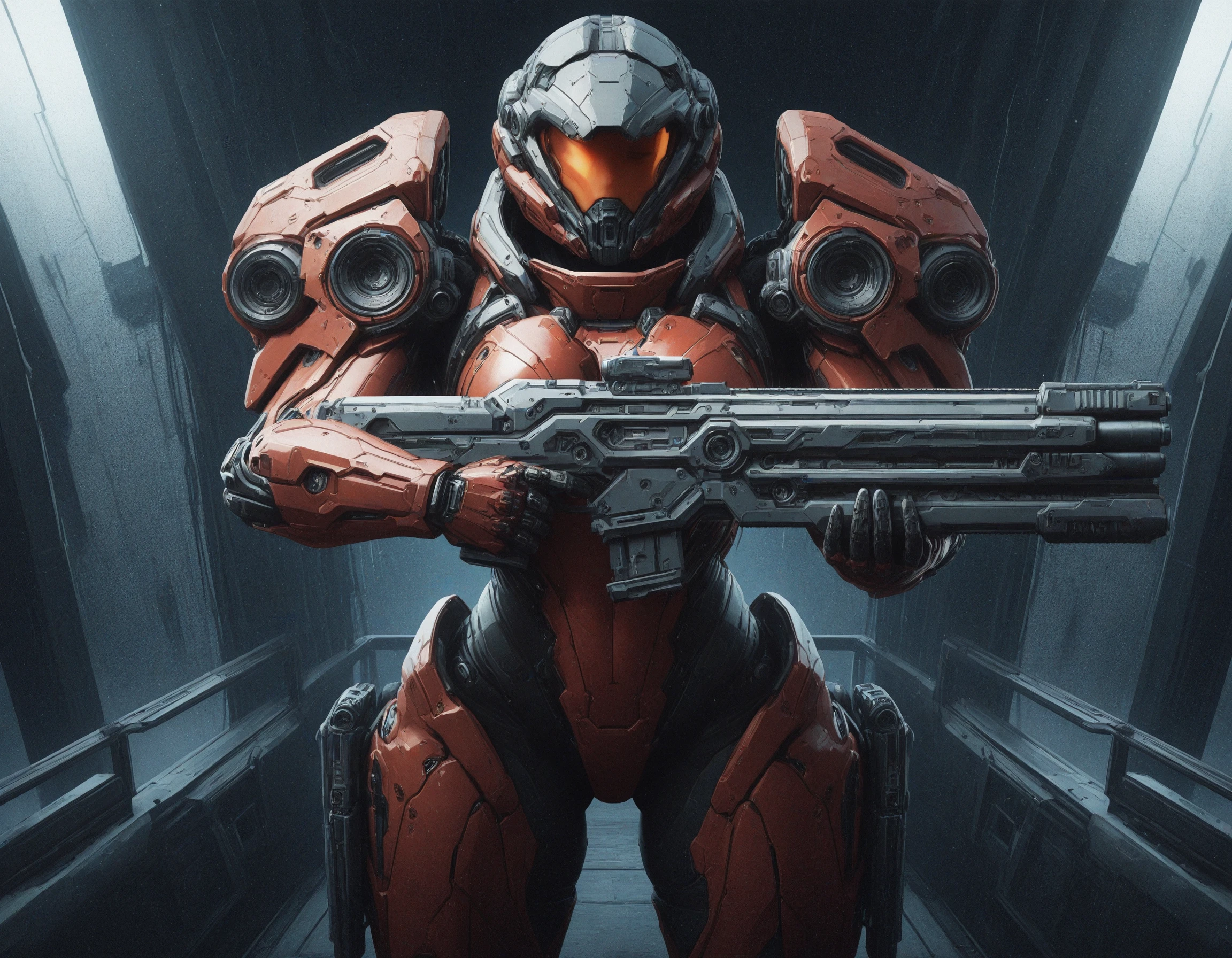 <lora:Heavy_Combat_Armor_IL:0.9> woman standing holding gun, cyberpunk, red heavy bodyarmor, orange visor, mad-hvybdyarmr, cinematic shot, (masterpiece:1.2), best quality