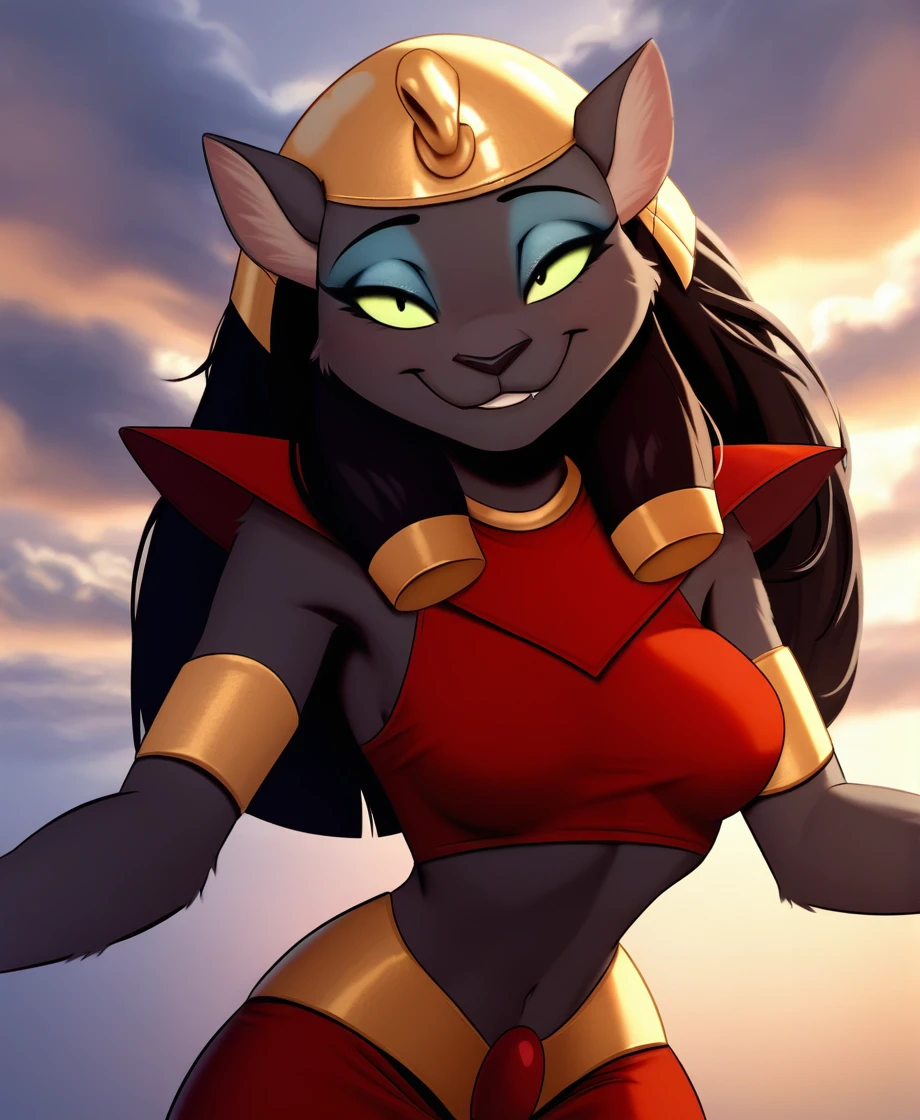 masterpiece, highly detailed, solo, mirage, red clothes, uraeus, female, eyeshadow, green sclera, smile, bedroom eyes, looking at viewer, cloudy sky, by smiju, <lora:MirageXL_03-Noob-nd32-na32-lr2-ep17:1>