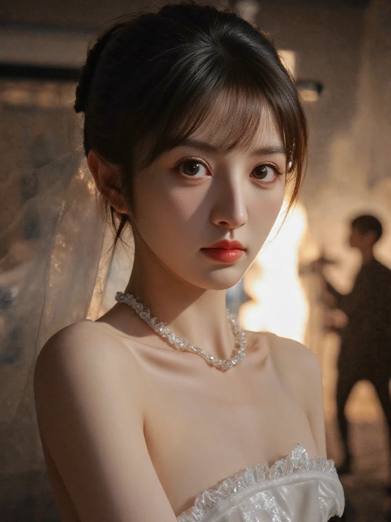 There are wonderful studio lights and various reflections,her thin face is very delicate,skin naturally showing the texture of blood vessels,detailed pale skin,
18yo beautiful cute girl with blushing and female orgasm,
the sidelight outlines her sexy body curves,
--,
<lora:tianxw_f1a:1>,
<lora:weddingdress_rank4_bf16:0.8>,
wearing wedding dress,a long wedding veil,pantyhose and crystal clear high heels,
--,A sci-fi style movie,at the end of the world,with a sense of depth,a tall stewardess is in the middle of the crowd,facing the audience,with two space shuttles in the background,flaming and taking off,and a beam of light shining through the gaps in the dark clouds just shining on her chest,outlining her sexy and beautiful figure. Most of the passengers brushed past her,all running in panic to escape,