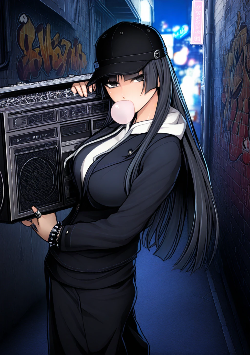 masterpiece, best quality, absurdres, perfect lighting,shiny skin,<lora:StS-Illustrious-Detail-Slider-v1.0:3>,<lora:illustrious_noobai_epsilon_pred_1_best_quality_v1:1>,1girl,large breasts,shizuku, black hair, long hair,blazer ,blunt bangs,black eyes,<lora:shizuku:1>, punk,hoodie,baggy pants,baseball cap,ring,spiked bracelet,piercing, depth of field, night, alley,graffiti,colorful,naughty face, looking at viewer,chewing gum,b00m,boombox, holding boombox,<lora:Boombox:0.8>