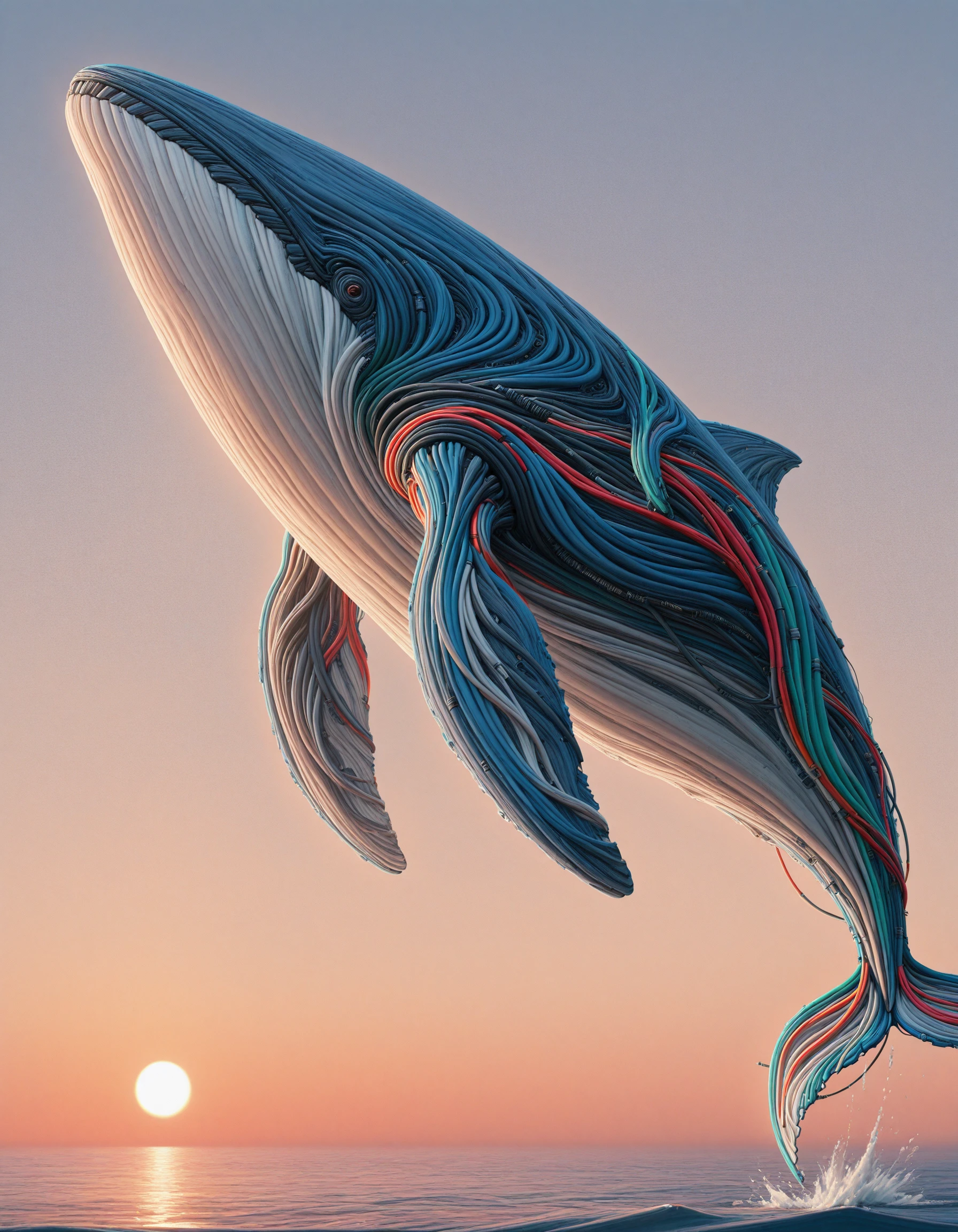 <lora:Cables_IL:0.7> mad-cable, whale made of mad-cables jumping out of the ocean, golden hour, (masterpiece:1.2), best quality