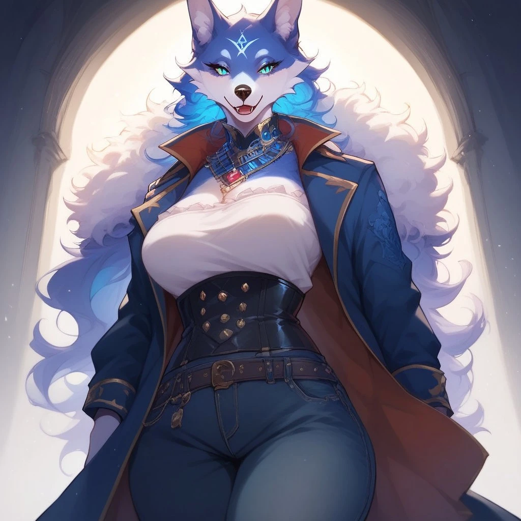 Round glasses,Black pantyhose,Perfect face,Large Breasts,(front:1.5),(furry:1.5),wolf_girl,(beautiful/detailed eyes:1.1),long lashes,flowy chiffon,(jewelry/accessories:1.1),well-proportioned figure,(thick thighs:1.1),perfectly high-detail facial features,(perfect detailed eyes:1.5),upright pupils,(cat-like eyes:1.5),smiling,extremely charming,legging,silky long hair,perfect bust,extremely charming and gentle smile, masterpiece, best quality, Ultra-high quality, Ridiculous details,,(best quality,4k,8k,highres,masterpiece:1.2),ultra-detailed