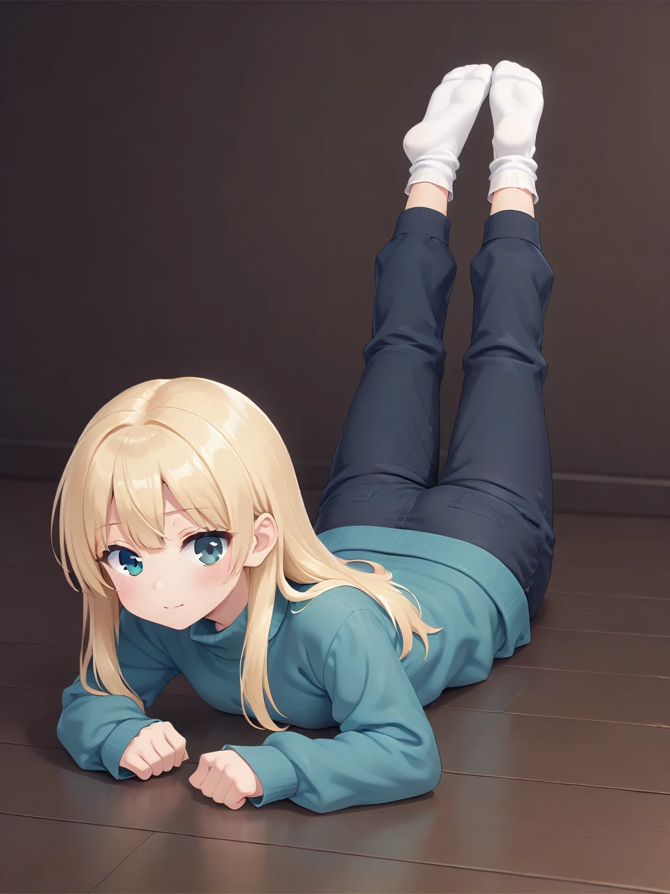 <lora:ã¤ããã¦ã¼ã:0.5> prone-bridge, solo, lift lower body, legs up, sweater, long pants, socks