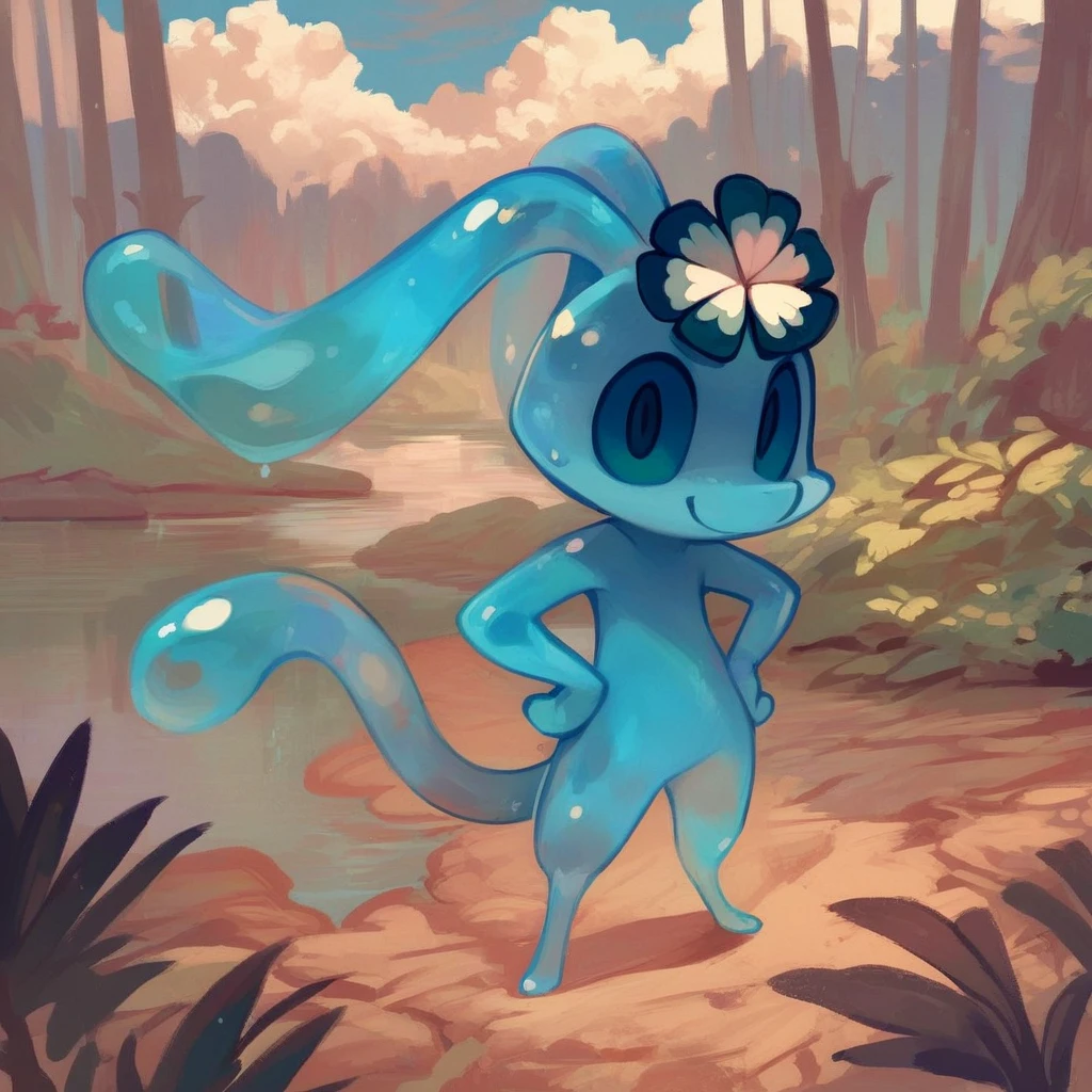 score_9, score_8_up, score_8, score_7, source_cartoon, Cress(FV), Solo, 1girl, semi-anthro, slime girl, blue body, Translucent body, tail, long ears, dark blue eyes, flower head ornament, full body, looking at viewer, smiling, standing, hands on , cloudy, forest setting, lake side,