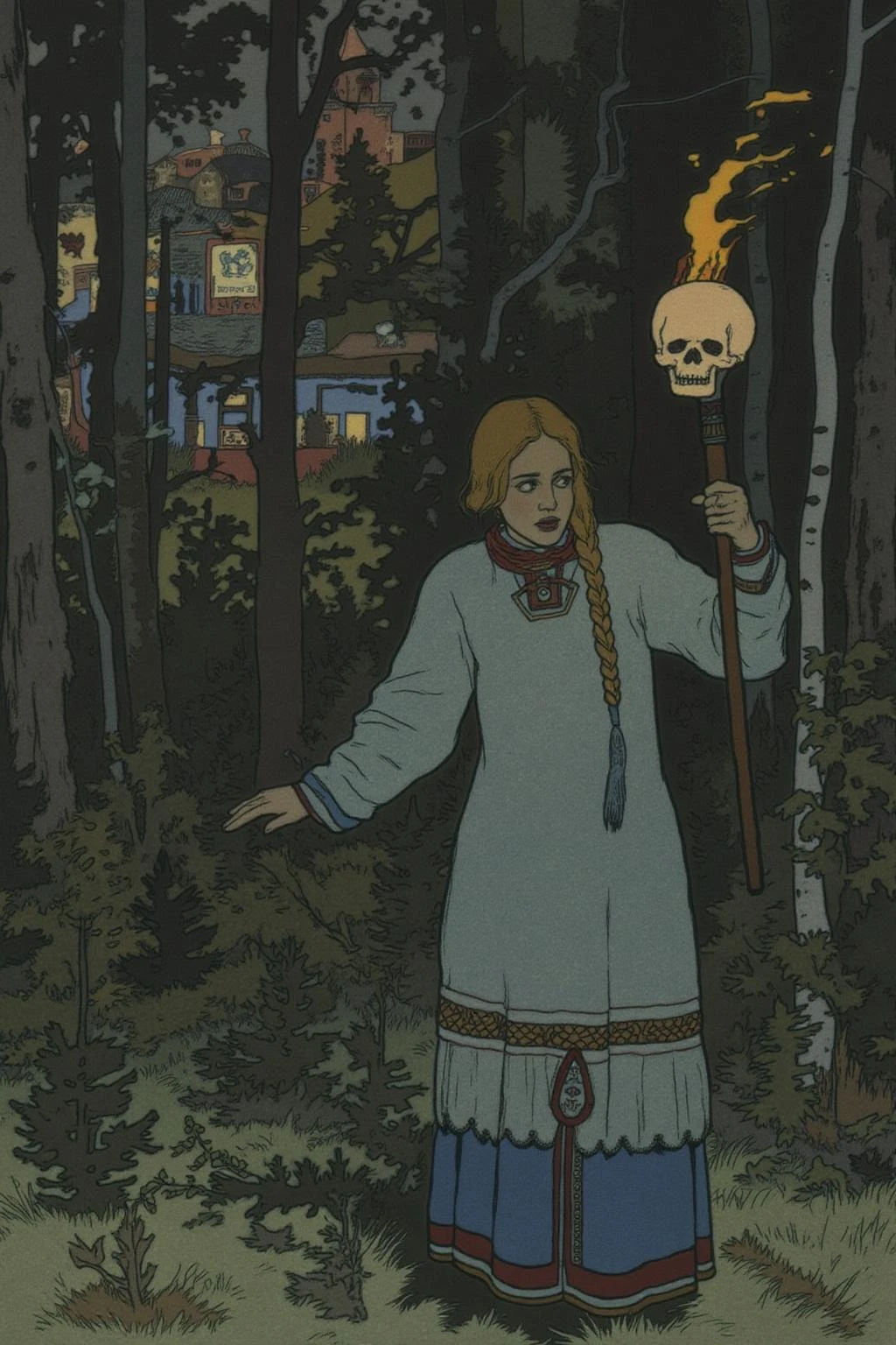 ivanbilibin1 illustration.
A young woman with braided hair stands in a forested area surrounded by tall trees and dense undergrowth at night. She is holding a torch in the shape of a skull.
<lora:ivanbilibin1_cap_d6a3:1.0><lora:835866361969451495:0>
