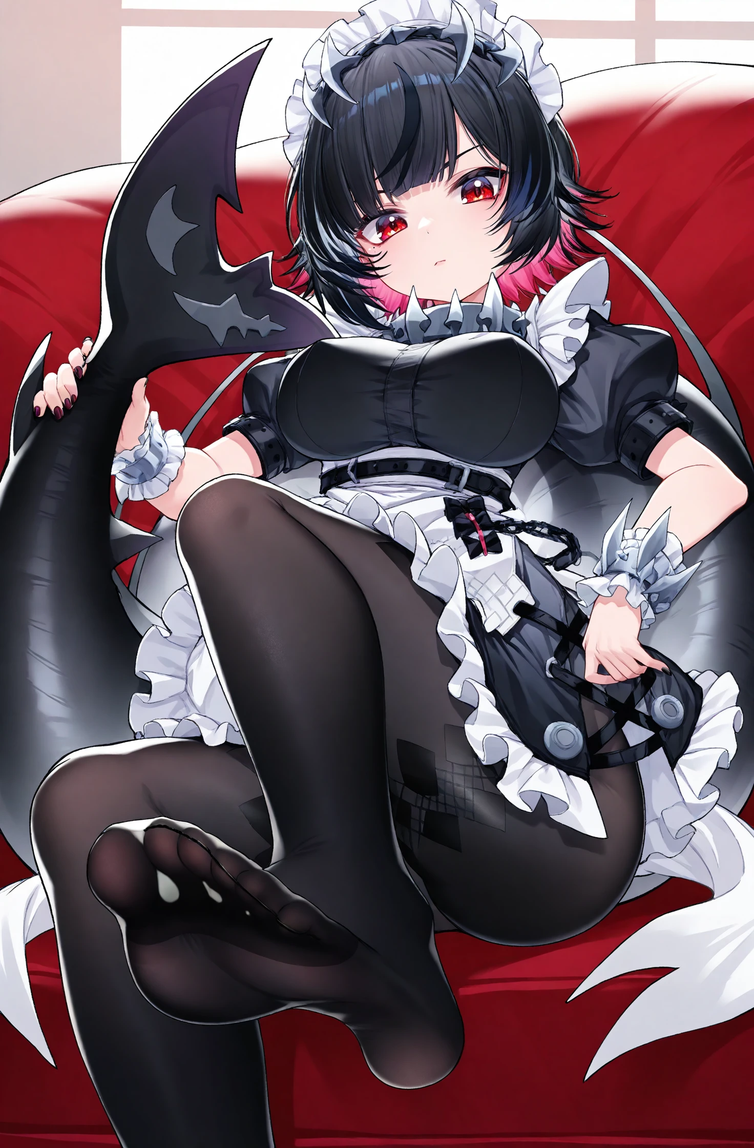 Ellen Joe character, woman, maid outfit, sexy adult, big breasts, narrow eyes, lying down