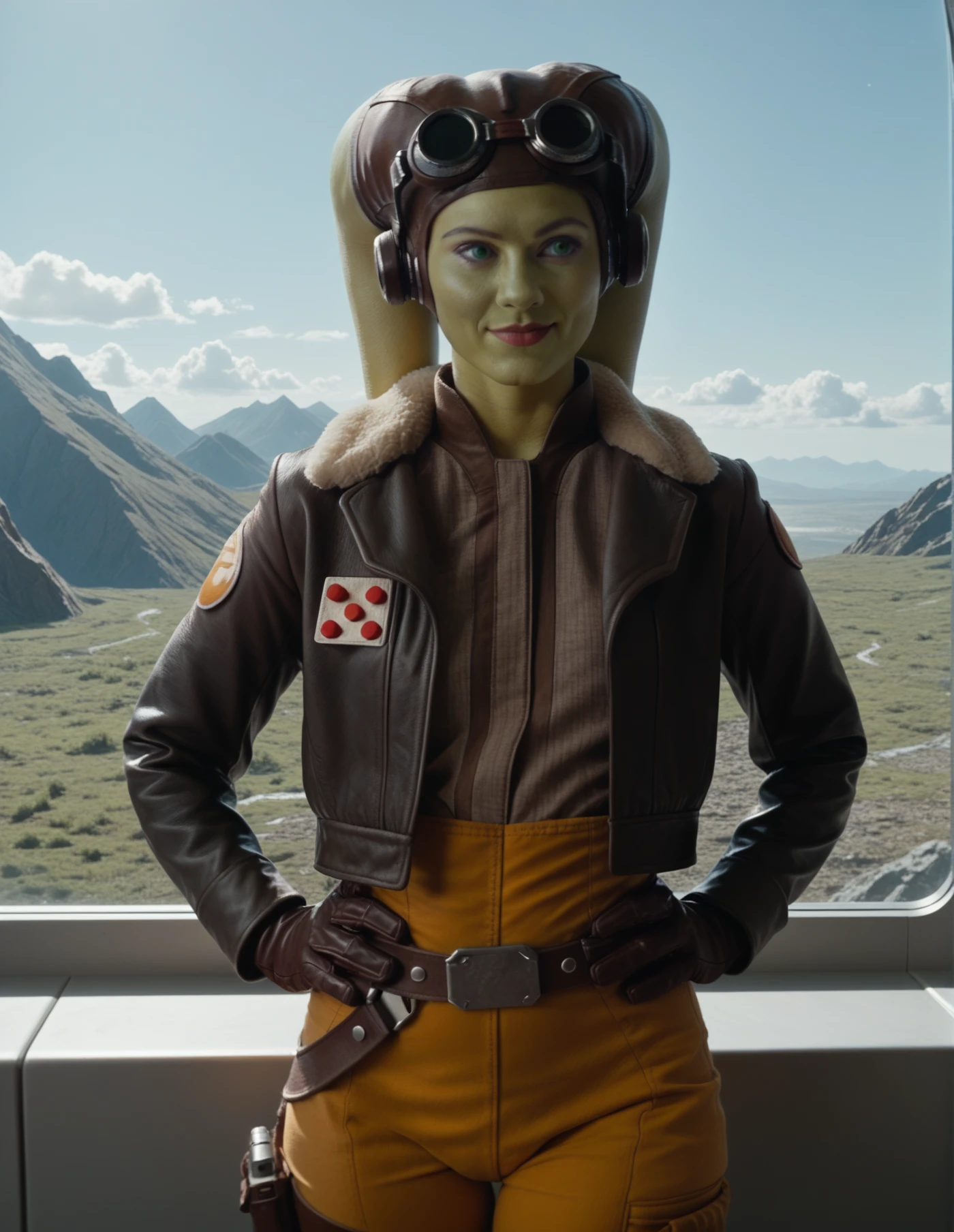1girl, blue skin, tentacle hair, green skin, green eyes, goggles, (smile:0.6), closed mouth, jacket, sky background, looking to the side, hands on hips, mountains, moon, wide hips, thighs, knees visible, belt, lipstick, leather gloves <lora:Hera_Syndulla:1> syndulla, score_9, score_8_up, score_7_up, score_6_up, (ultra sharp focus)