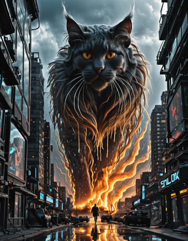 [photorealistic] <lora:Space_Worlds_02_v1_Dark:1.0> sw02d_illus, cyberpunk giant waves, lots of wind, fire storm, giant cat shadow,